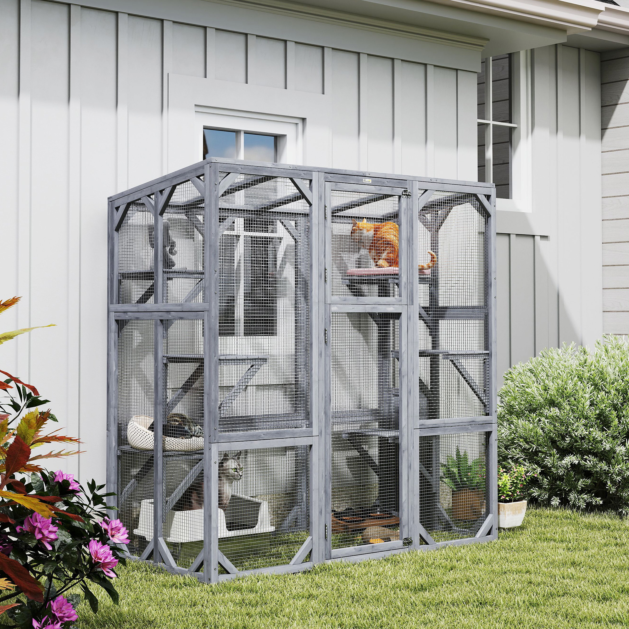 Large Wooden Catio Outdoor With 6 Jumping Platforms, Weatherproof Roof, For 1-3 Cats, 59 X 28 X 60, Gray — image 4