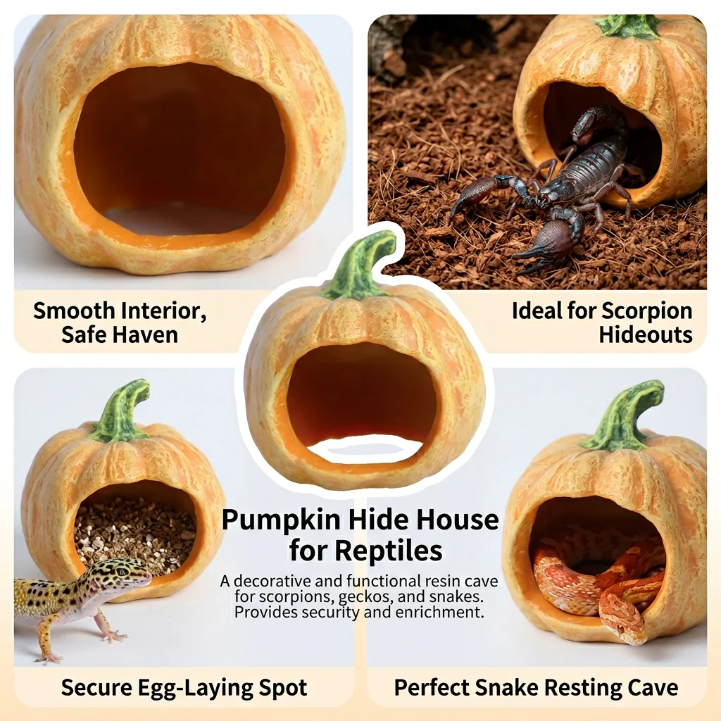 Cueva de Calabaza de Resina para Reptiles con Base Antideslizante - Decoración para Terrario para Gecko de Piel y Serpiente Corn — imagen 5