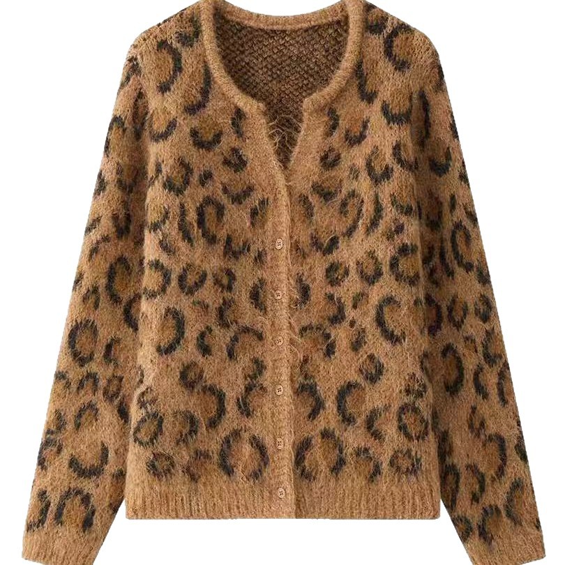 Laid-back Leopard Print Melange Cardigan Sweater, Retro Short Slim Fit Outerwear — image 6