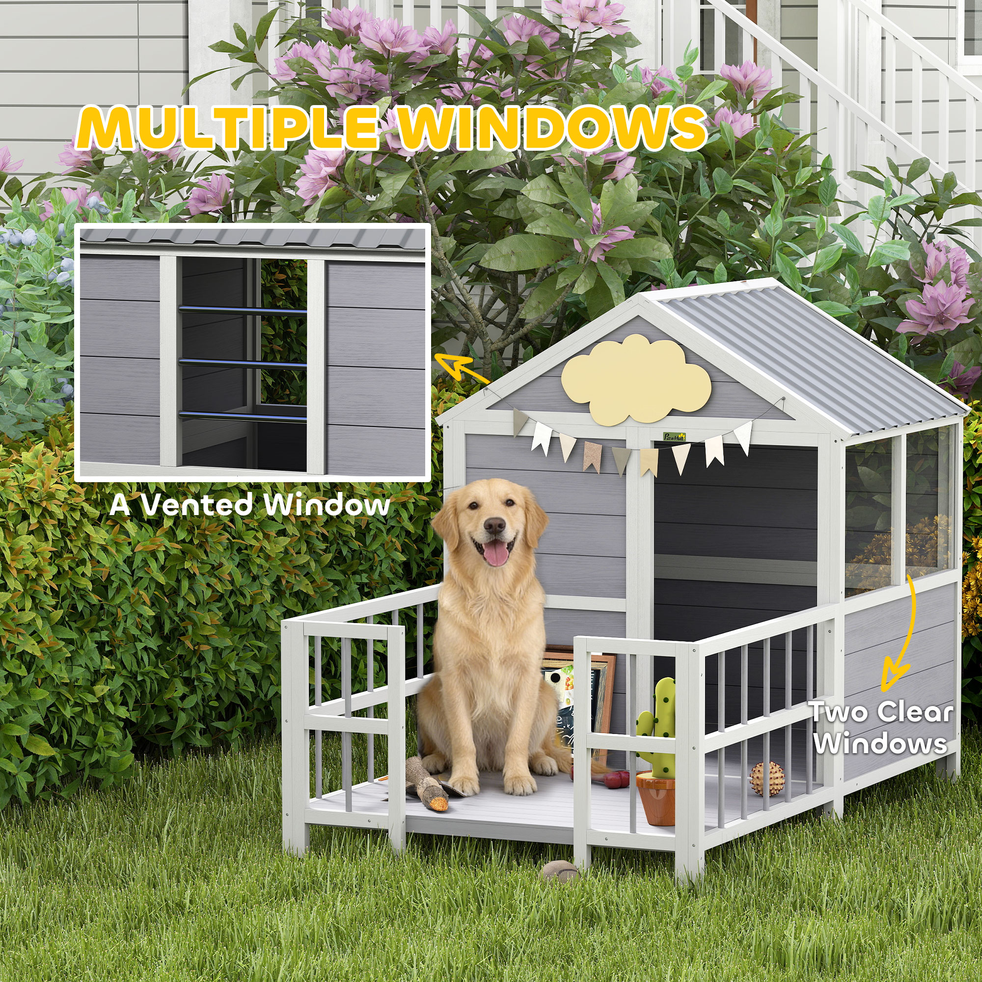 Casa de Perro Exterior, 61"L Casa de Madera para Perros con Porche, Techo Impermeable, Base Elevada y Ventilación — imagen 2