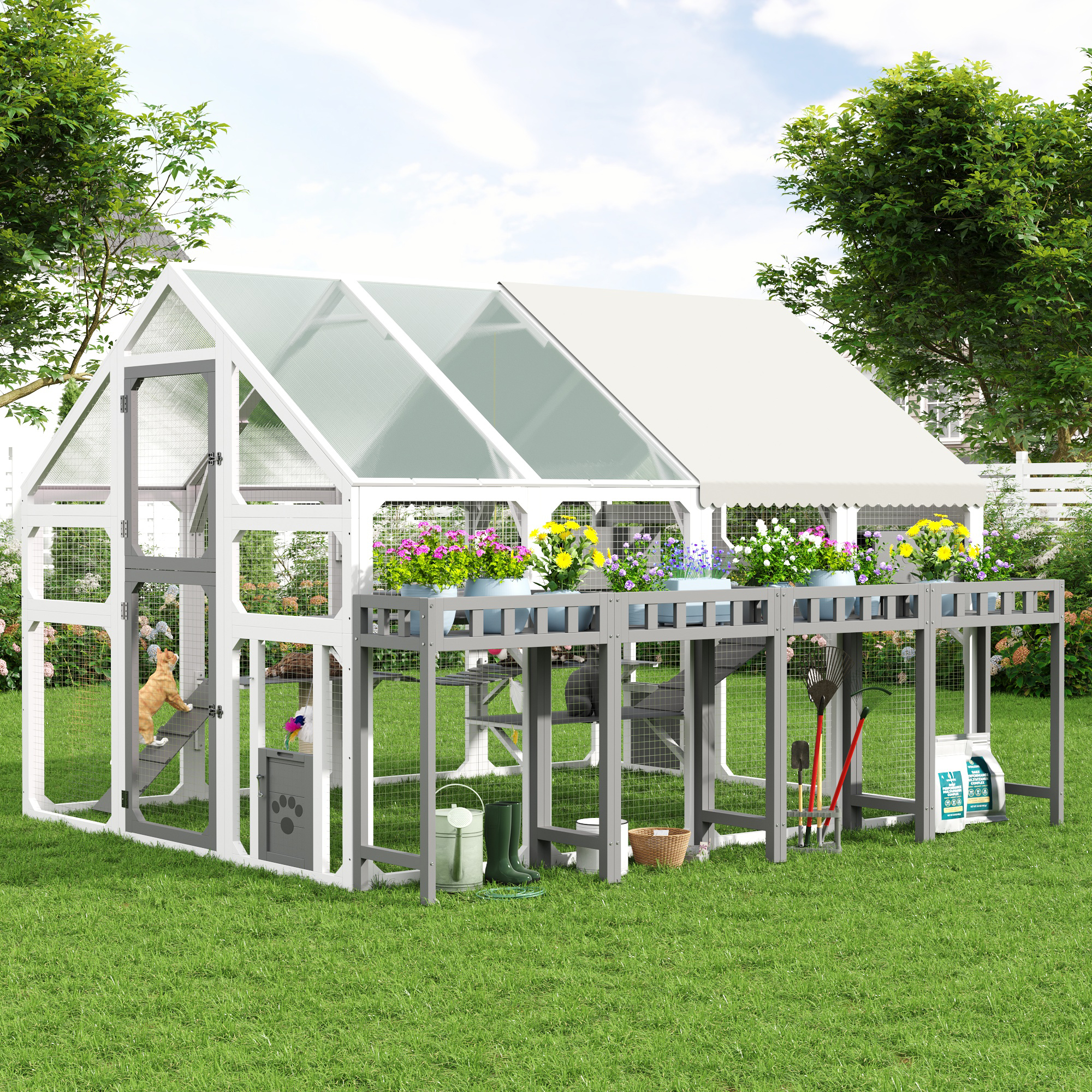 Large Outdoor Cat House With Planter Stand, Wooden Cat Enclosure With Resting Boxes For Multiple Kittens, Hanging Bridge, Platforms, Walk-In Catio Cage With Waterproof Proof Cover — imagen 5
