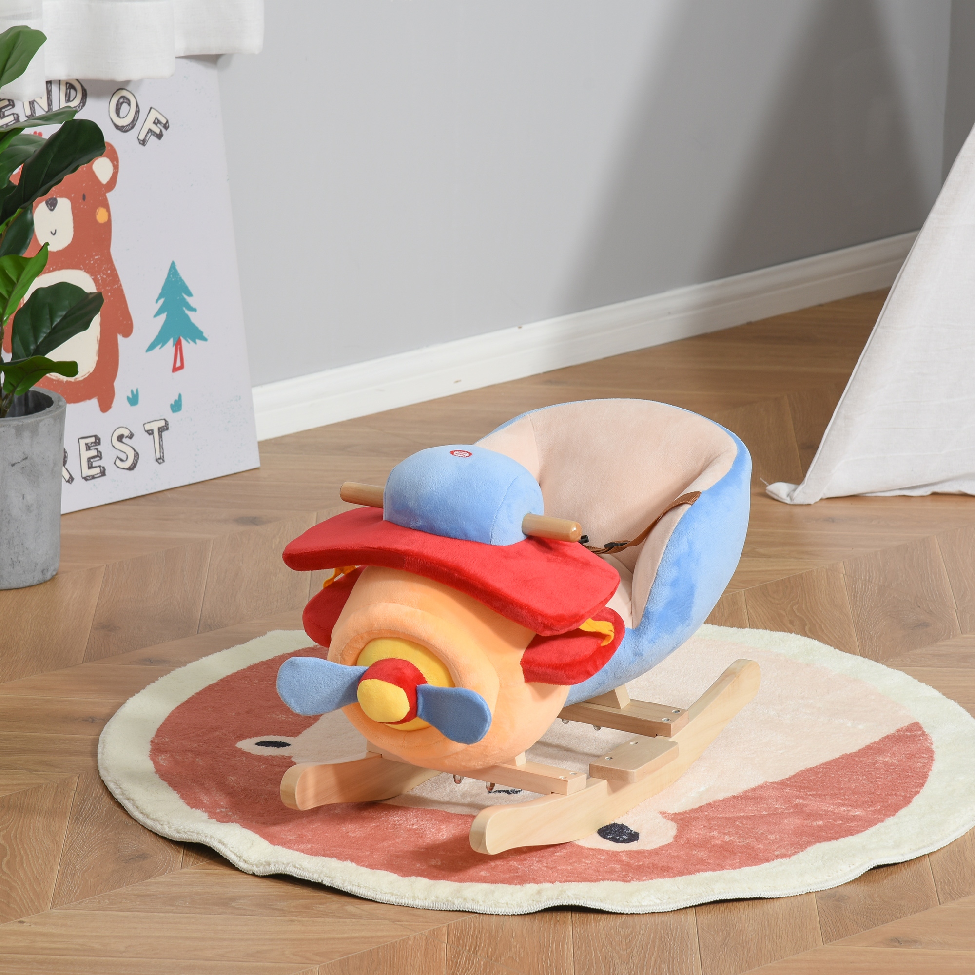 Kids Rocking Horse, Wooden Plush Ride-on Plane Chair Toy With Lullby Song And Seat Belt For 18 Month + — imagen 1