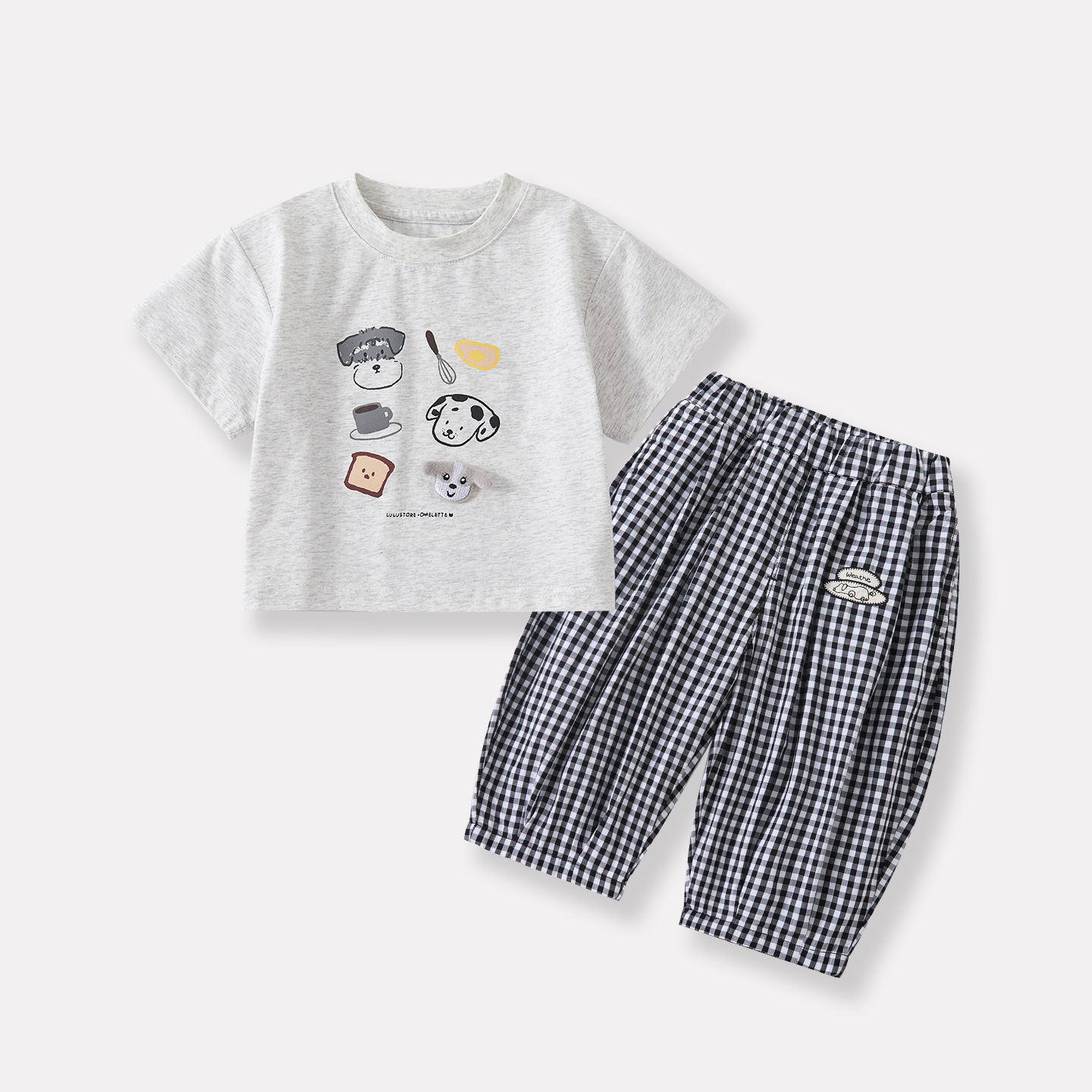 Cartoon Dog Print Short Sleeve Top Lightweight Checkered Cuffed Pants 2-Piece Set for Baby Boys — image 4