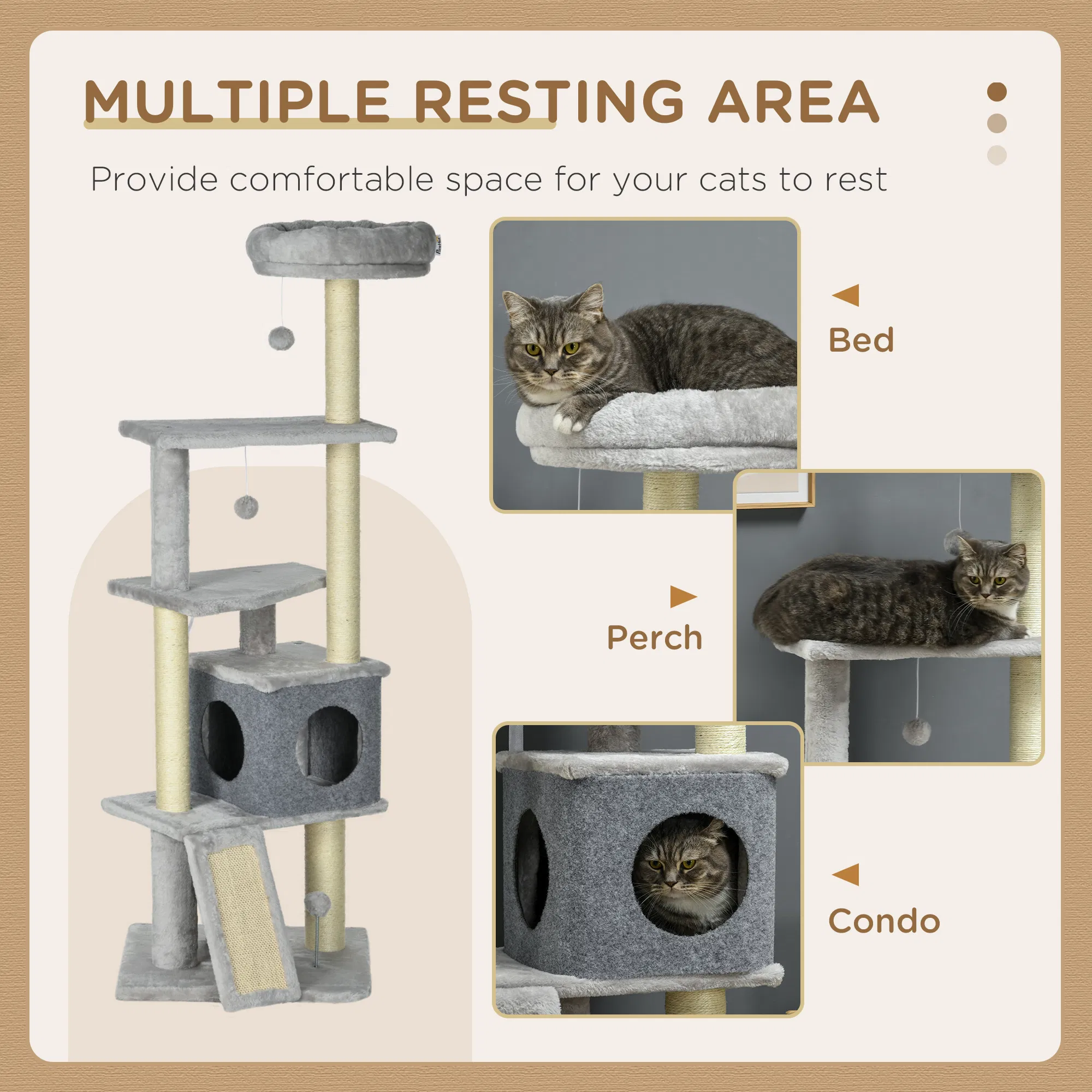 57.5" Cat Tree with Scratching Posts, Large Cat Tower for Indoor Cats with Bed, House, Toys, Grey — image 3