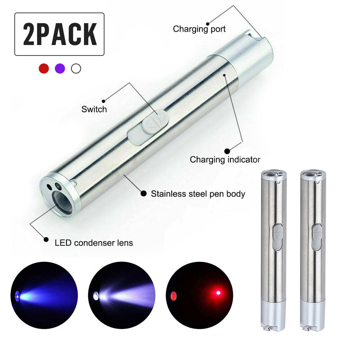 Puntero Láser Rojo USB Recargable con Luz LED 3 en 1 Linterna UV 2 piezas Juguetes para Gatos y Perros — imagen 3