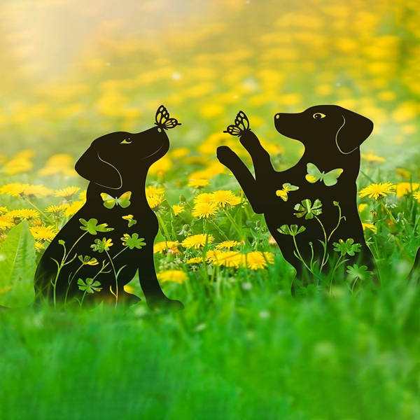 2 decoraciones de jardín de perro metálicas, adorables estacas con silueta de cachorro. Estas piezas decorativas de arte de patio para exteriores, ideales para amantes de los perros, crean encantadoras decoraciones de jardín y estatuas de exterior, añadiendo un toque de f — imagen 3