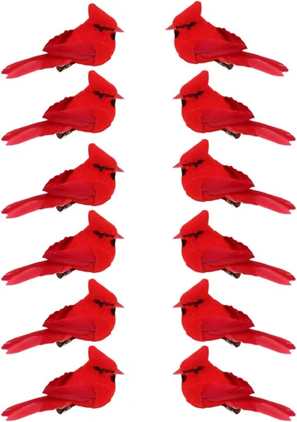 12 Pzas Pájaros Cardenales para Manualidades, Mini Cardenales con Clip para Árbol de Navidad, Adornos de Pájaros Rojos Artificiales para Coronas y Centros de Mesa DIY, Terciopelo Rojo y Plumas — imagen 1