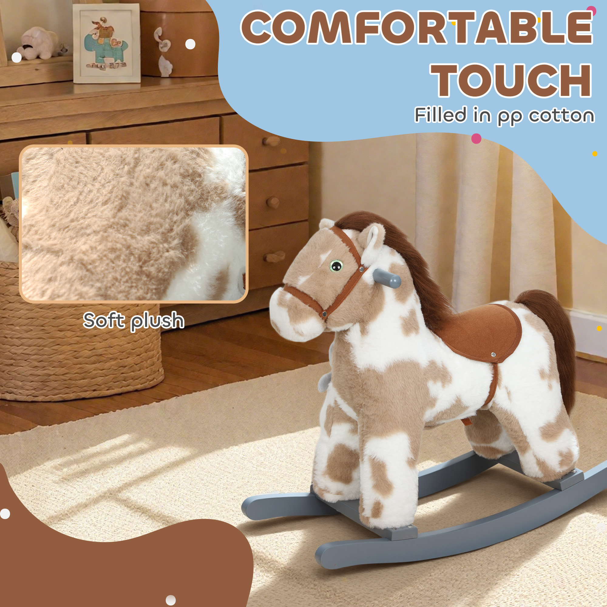 Caballo de Madera que Se Mueve, Caballito de Tela para Niños con Sonidos y Oso de Peluche para Aventuras Imaginativas de 2 a 5 Años, Marrón — imagen 4