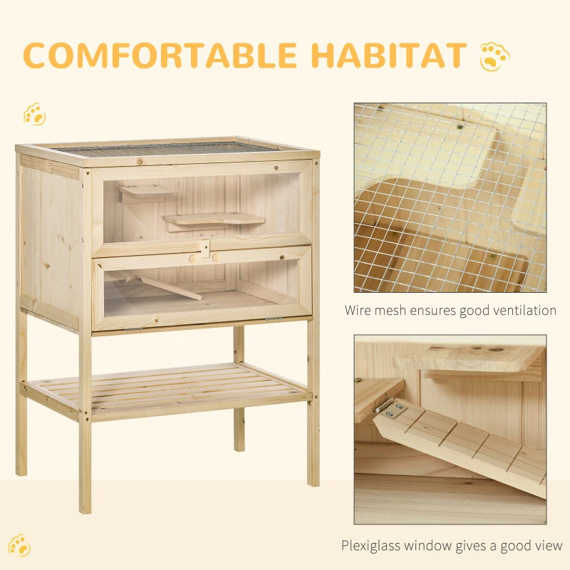 3-Tier Wooden Hamster Cage Mice And Rat Cage Small Animals Hutch With Openable Top, Front Door, Shelf, Natural Wood — imagen 3