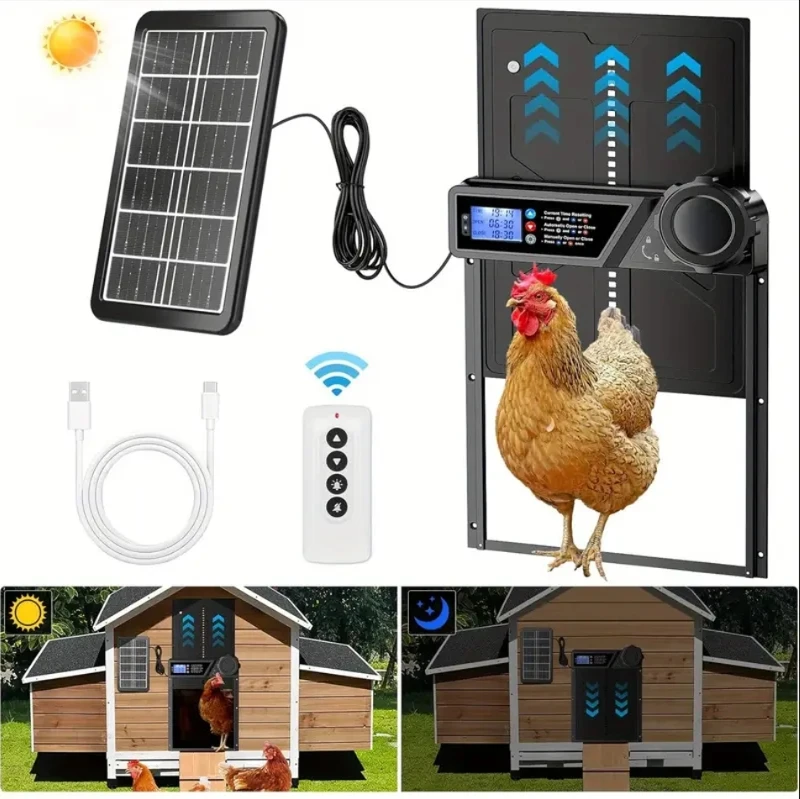 Puerta Automática para Gallineros con Protección Antiderrame, Pantalla LCD Grande, Modo de Cronómetro y Sensor de Luz, Funciona con Energía Solar