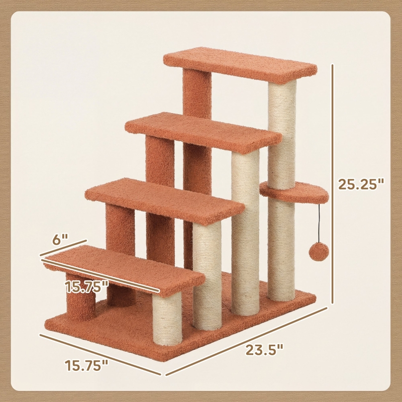 Escalones para Gatos de 4 Niveles con Postes Rascadores para Cama Alta, Sofá, Marrón — imagen 9