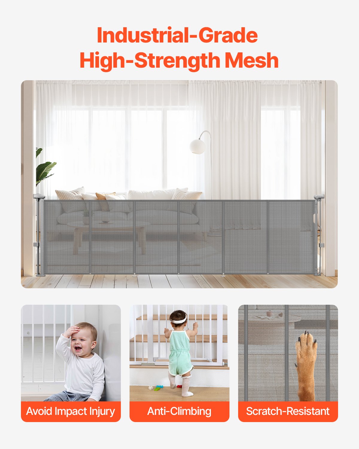 Puerta Retráctil para Niños o Mascotas, 34 Pulgadas de Alto, Se Extiende Hasta 110 Pulgadas de Ancho, Puerta Retráctil Fácil de Instalar para Escaleras, Pasillos, Habitaciones de Juego, Color Gris — imagen 2