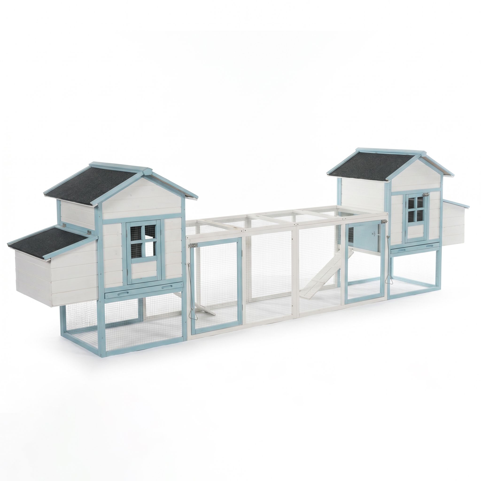 Casa de Gallinas Grande en Madera con Dos Cajas de Incubación, Corral Exterior con Techo Impermeable de Asfalto y Acceso Peatonal, Jaula de Pollos de Madera de Abeto con Platos de Desperdicios Retraillables, Azul y Blanco para Gallineros de Patio — imagen 2