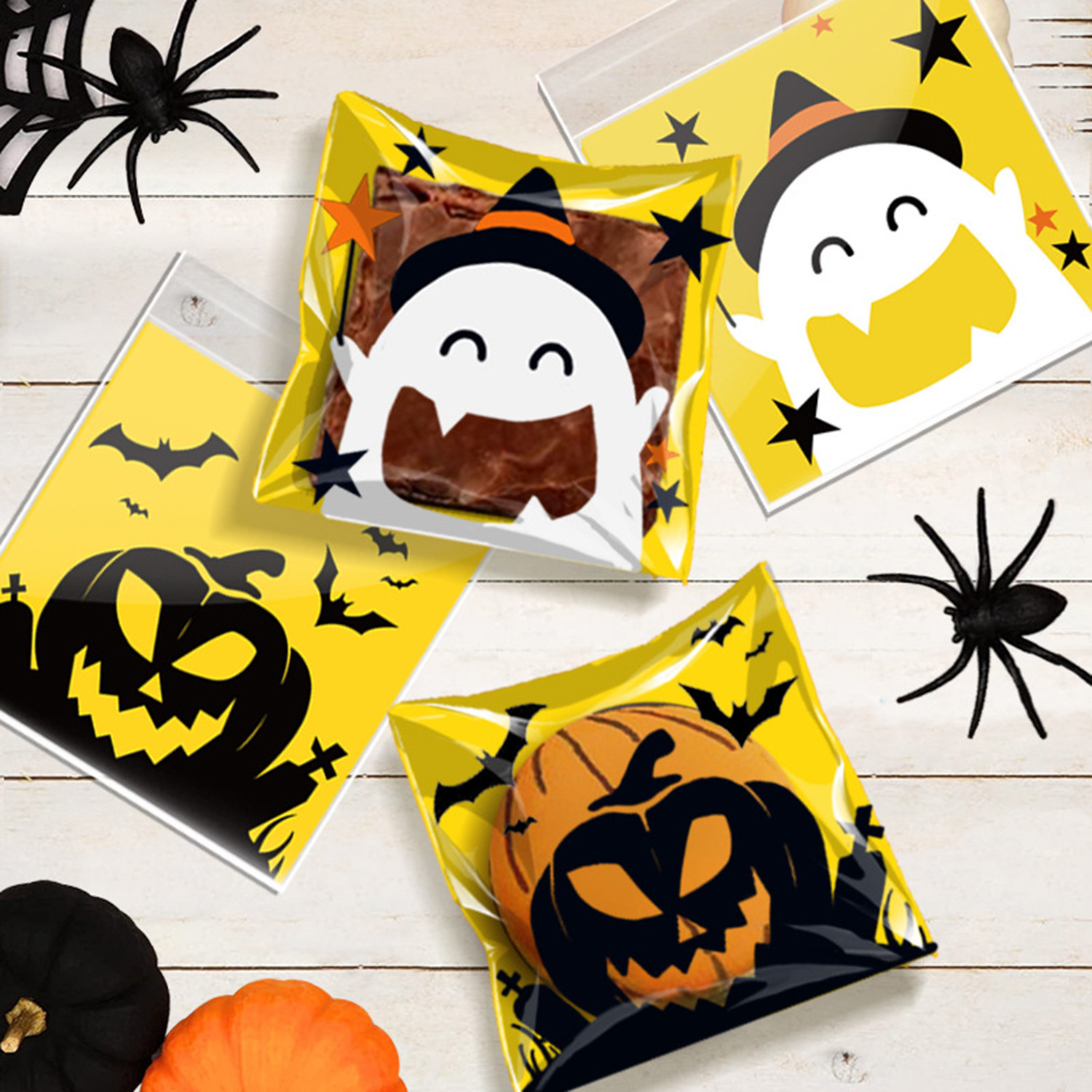 450 bolsas de celofán para dulces de Halloween, autoadhesivas y transparentes, para dulces y galletas, diseño de calabaza, fantasma, gato negro y calavera, bolsas de truco o trato para fiestas de cumpleaños y Halloween — imagen 8