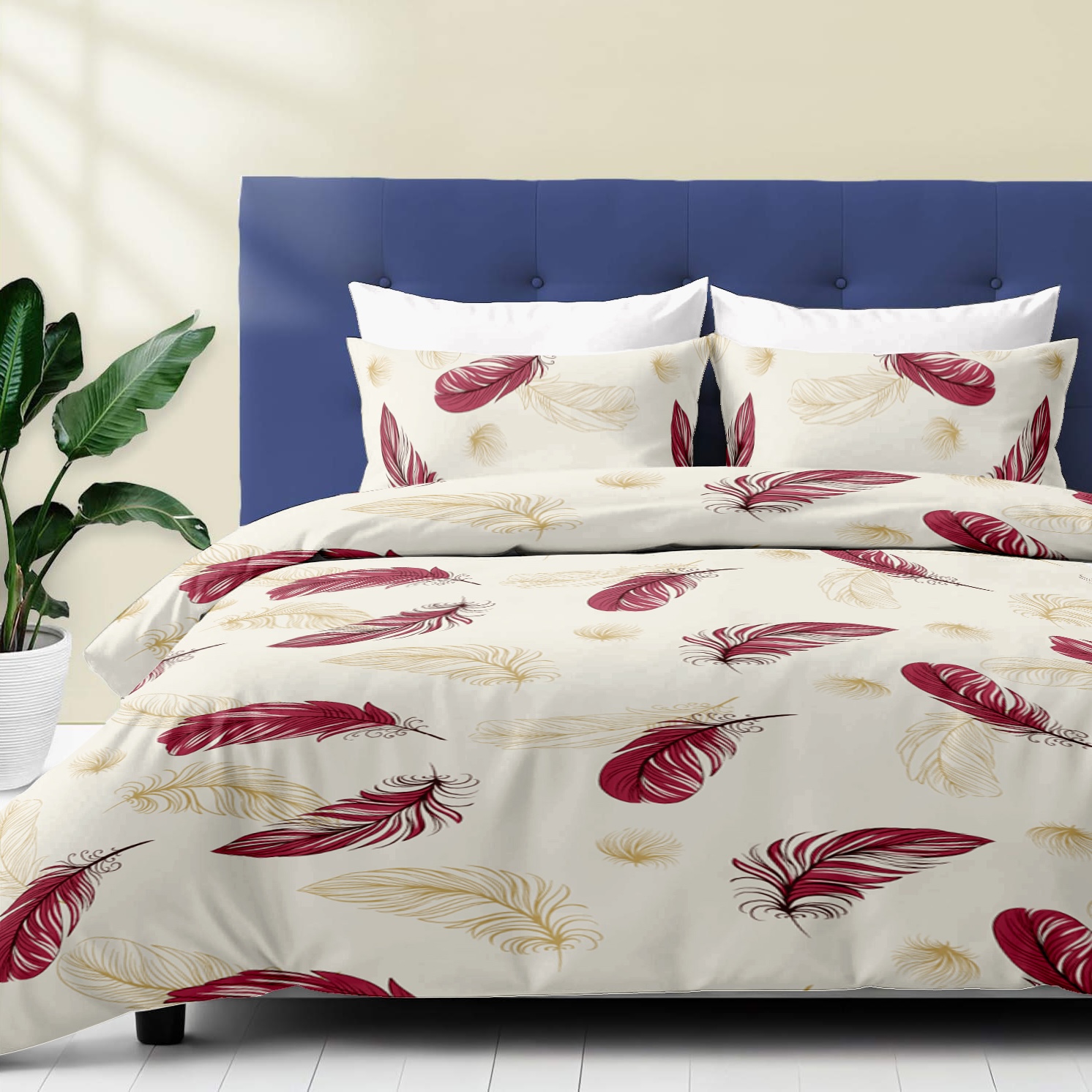 9 Piece Room In A Bag Quilt And Curtain Set, US Designer Burgundy Gold Boho Feather Print Heavyweight Bedspread With 6 Customizable Window Panels, Pet-Friendly High GSM Coverlet — image 2