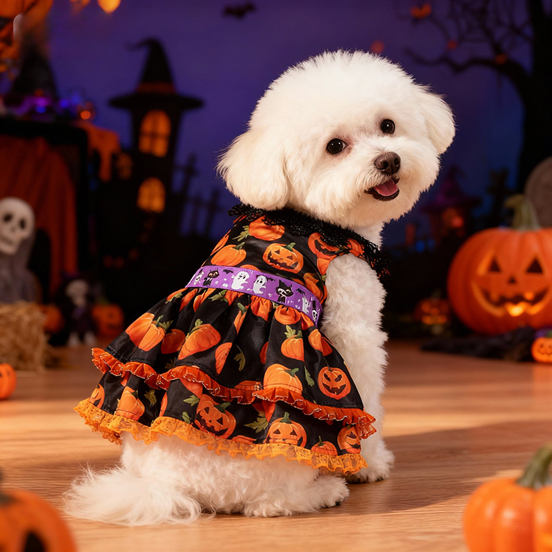 New Halloween Pet Dog Clothes for Medium and Small Dogs, Pumpkin Lace Dress — image 2
