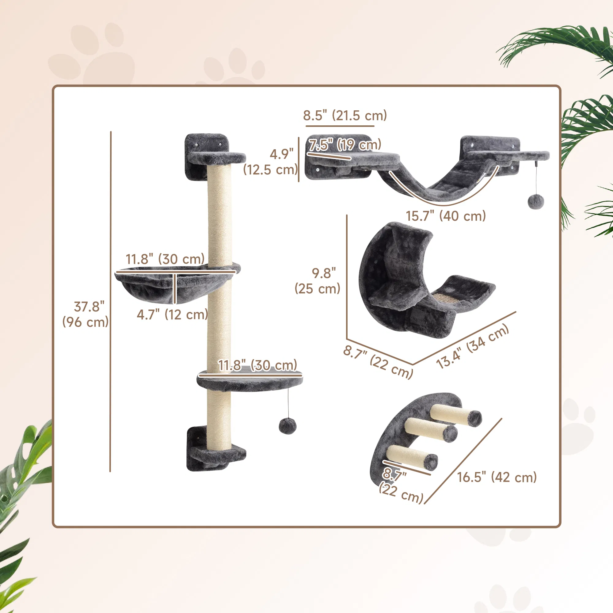 Cat Wall Shelf with Scratching Post, Play Balls, Platforms, Dark Grey — image 5