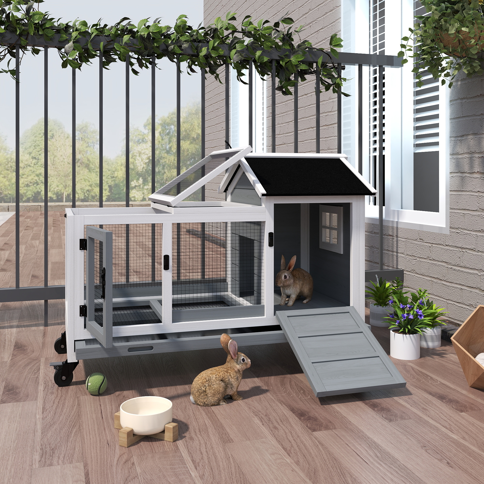 Casa de Conejo en Madera con Ruedas, Corral y Plataforma Retirable para Pequeños Animales Azul — imagen 1
