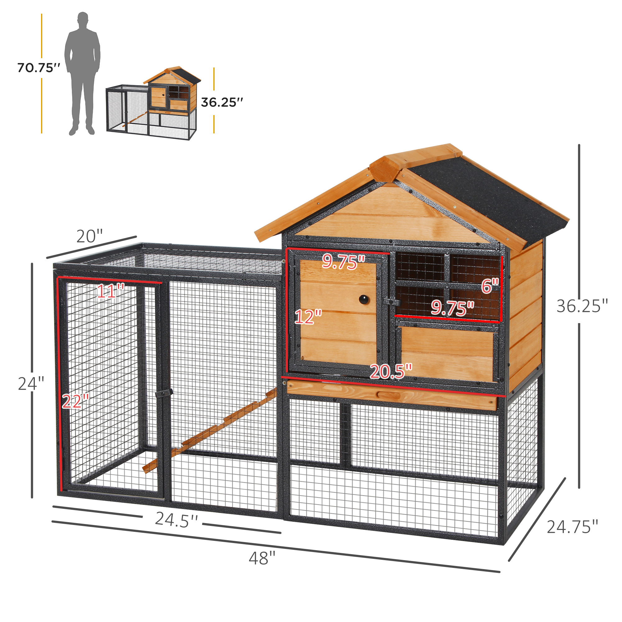 Conejera de 2 Niveles, Jaula Elevada para Mascotas con Techo Asfáltico Abatible Resistente al Clima, Bandeja y Rampa Removibles Para Exterior, Natural — imagen 4