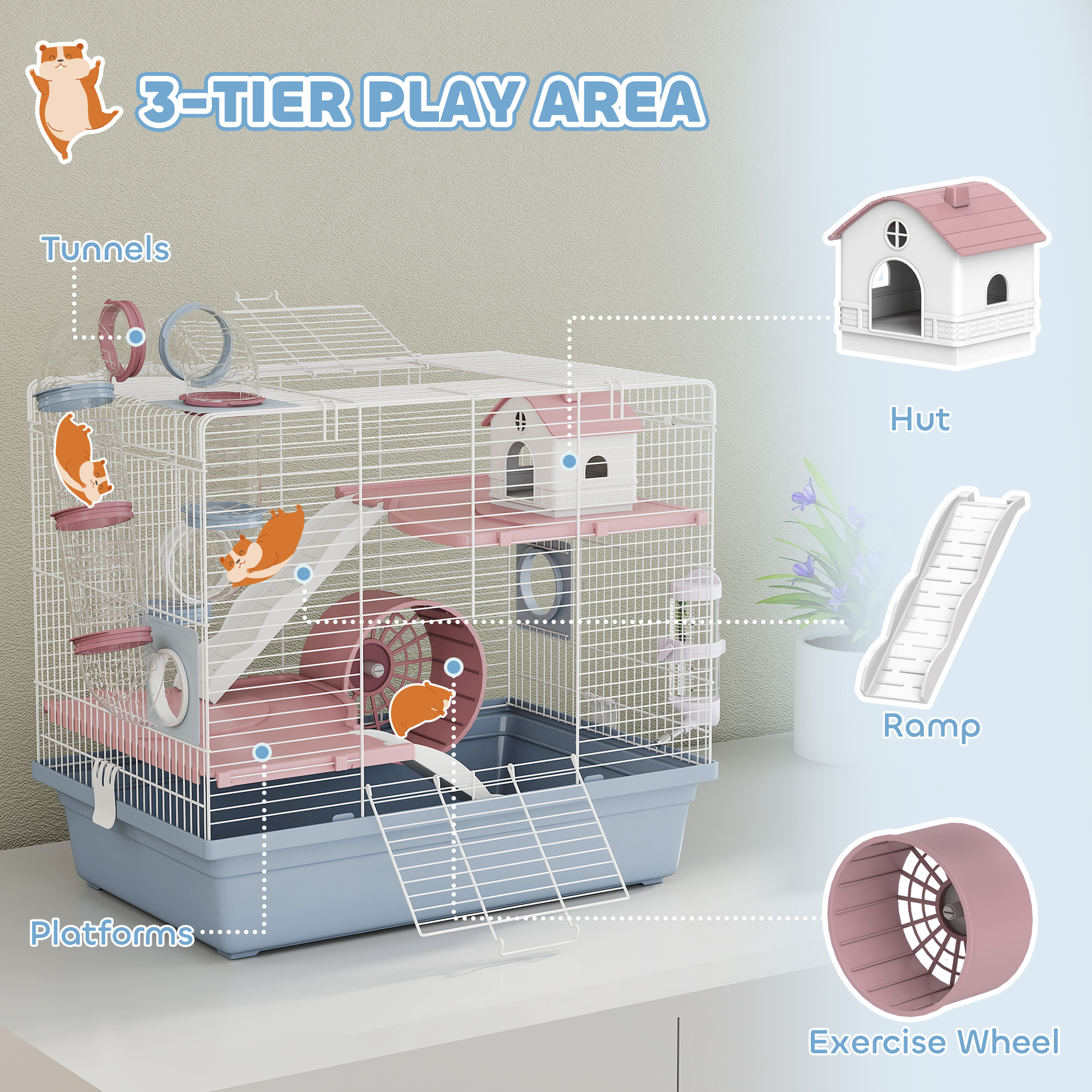Hamster Cage, 3-Tier Small Animal Cage With Exercise Wheel, Food Bowl, Water Bottle, House, Tunnels, Ramps — image 4
