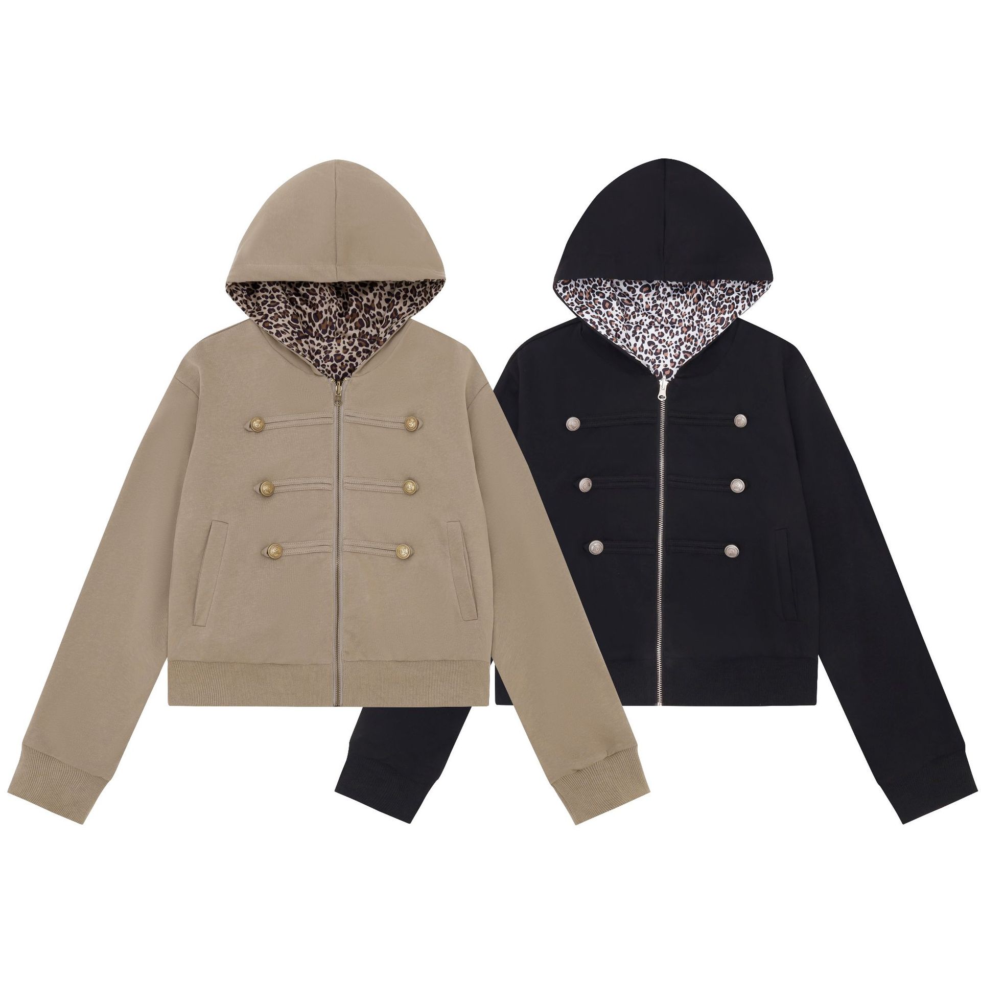 Chaqueta de corte corto reversible con estampado de leopardo, doble botonadura, cierre de cremallera y capucha — imagen 5