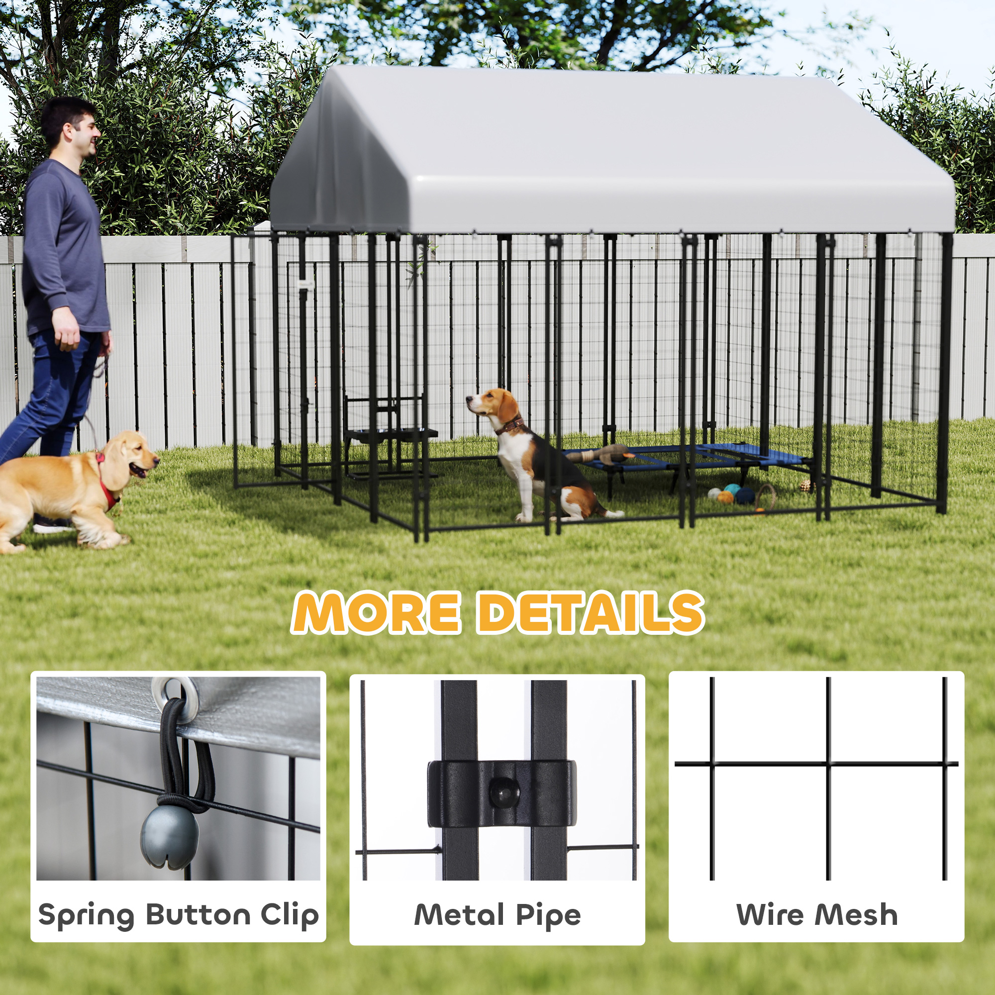 Outdoor Dog Kennel with Roof, 8 x 8 x 6 Heavy Duty Welded Wire Dog Playpen Enclosure with Escape-proof Lock — imagen 7