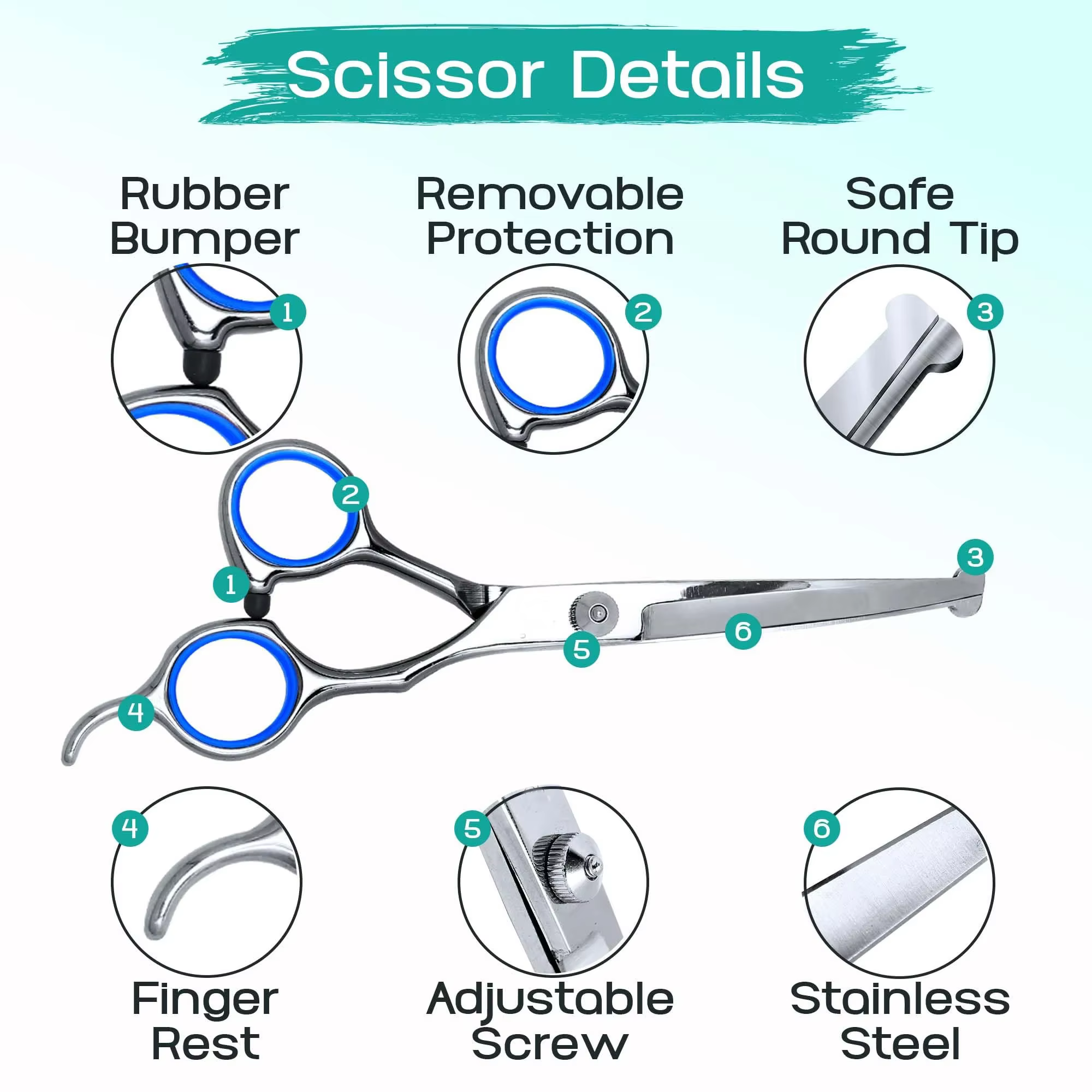 5 in 1 Professional Dogs Grooming Scissors Set Stainless Steel Dog and Cat Hair Thinning Shears with Safety Round Tip for Pet — image 3