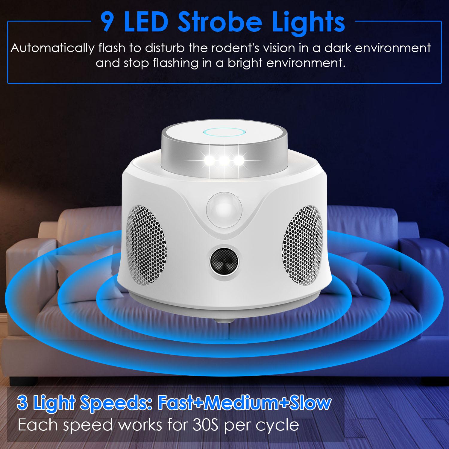 Repelente Ultrasónico de Ratones 360 Grados para Interior, Ahuyentador de Roedores para Ratones, Ratas y Ardillas con 3 Modos, 9 Luces Estroboscópicas, para Cocina, Sala, Ático, Sótano, Almacén y Garaje — imagen 12