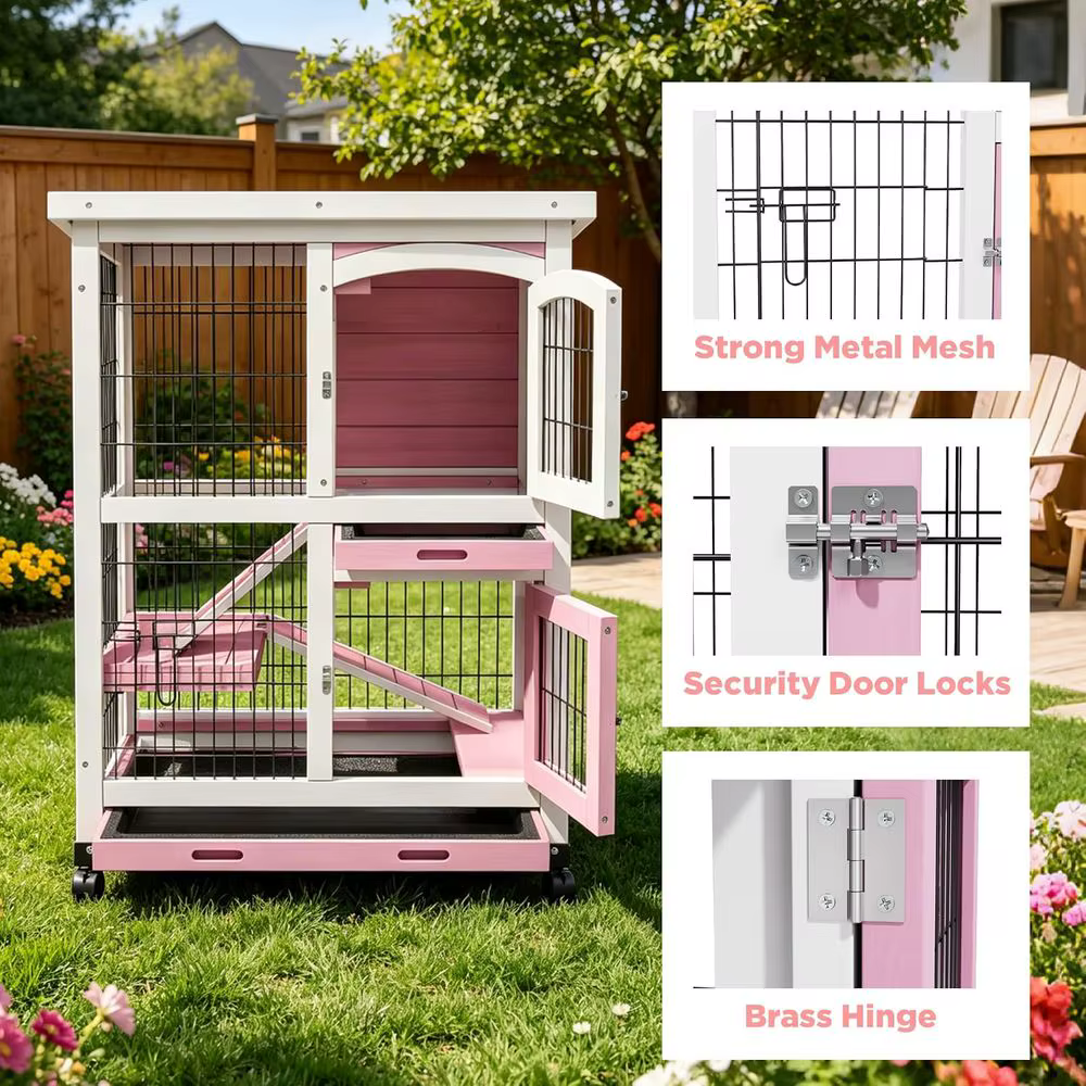 Conejera Exterior de 2 Pisos, Jaulas de Madera Para Cobayas Con Ruedas | o Para 2-4 Gallinas, Jaula Corral Para Aves de Corral Con Bandeja Antideslizante y Removible — imagen 3