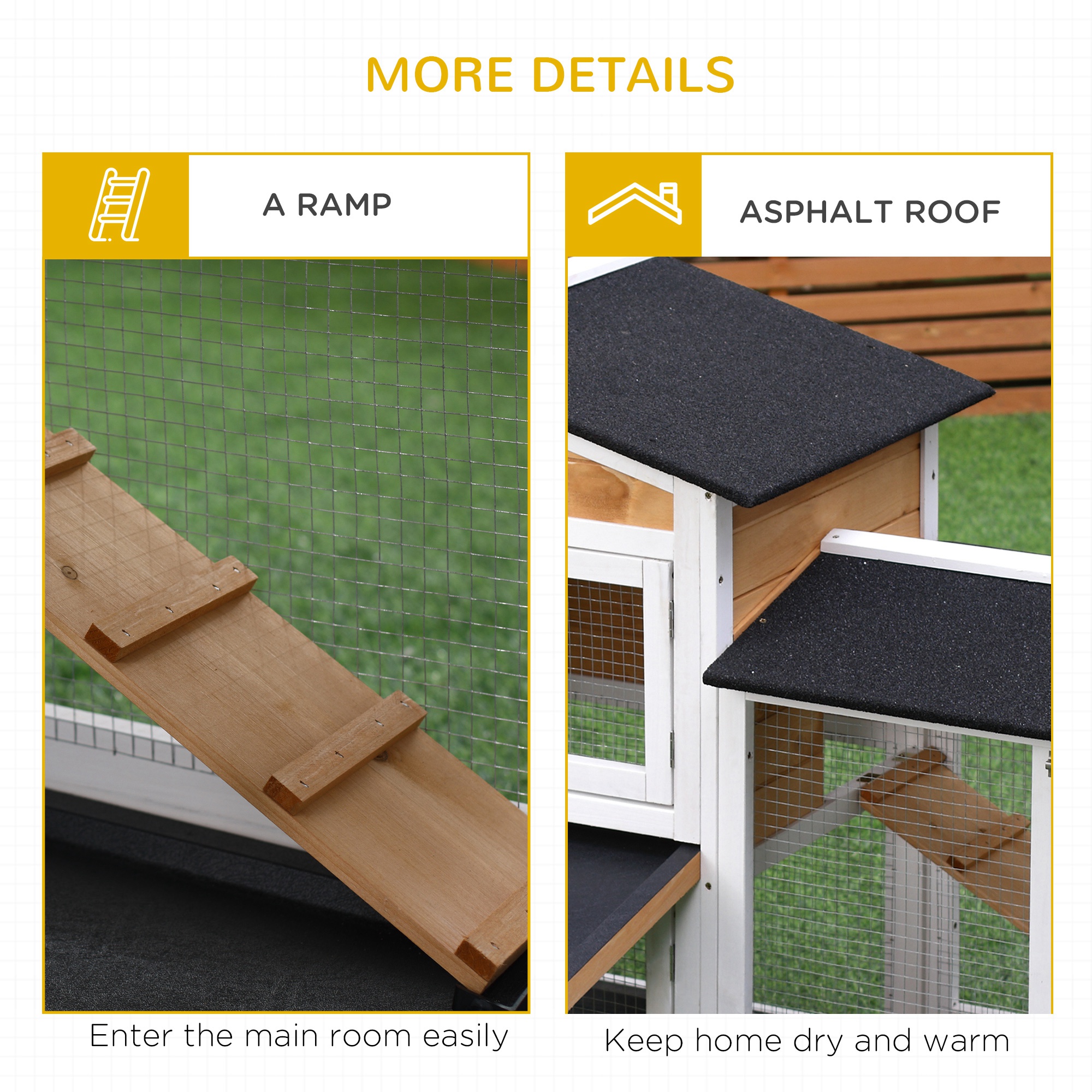 62" Rabbit Hutch, Wooden Bunny Hutch, Guinea Pig Cage, Small Animal Enclosure with Run Area, Removable Tray, Asphalt Roof, Lockable Doors and Ramp, for Rabbits, Chickens, Ducks, Nature Wood — imagen 4