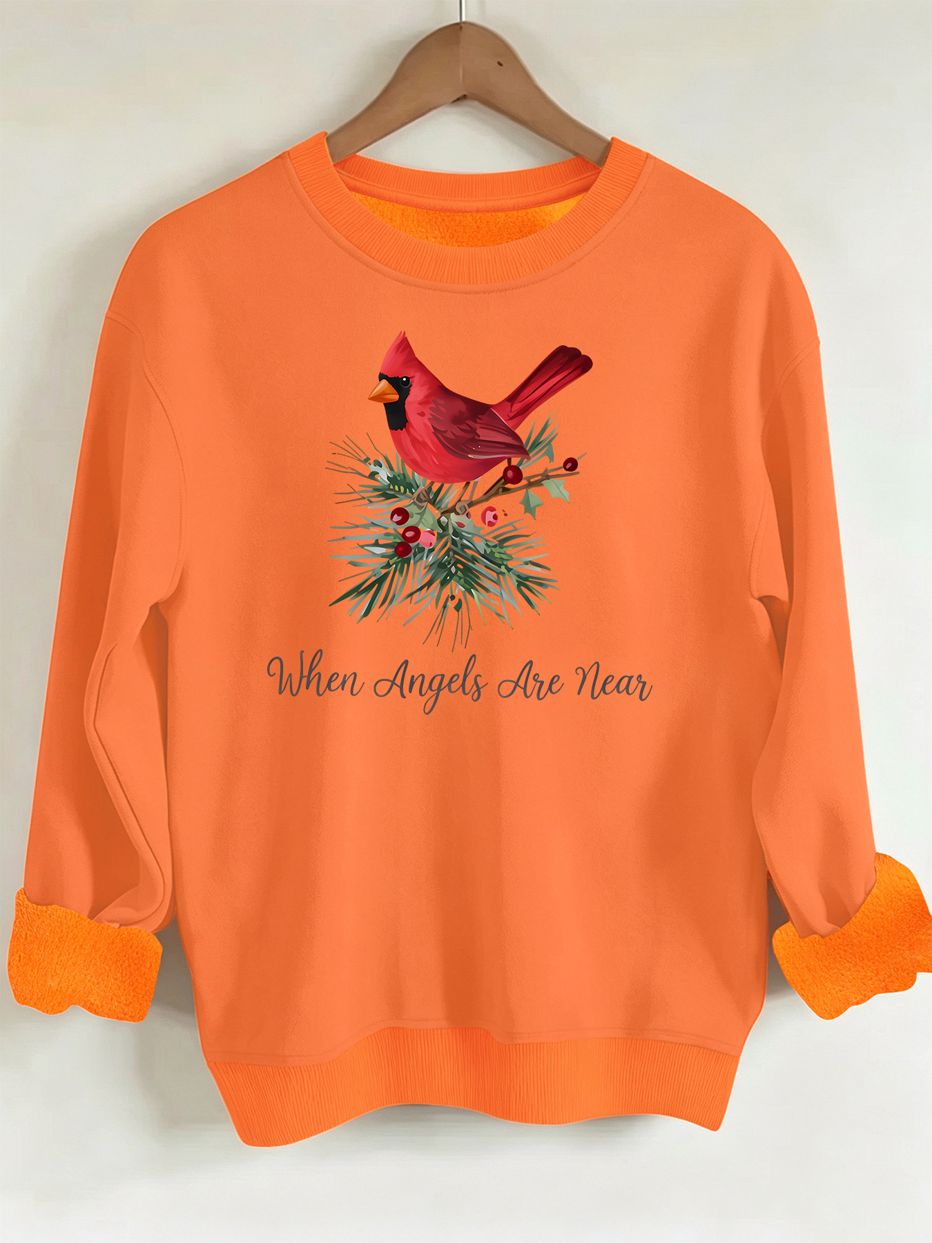 Red bird print round neck fleece hoodie — image 12