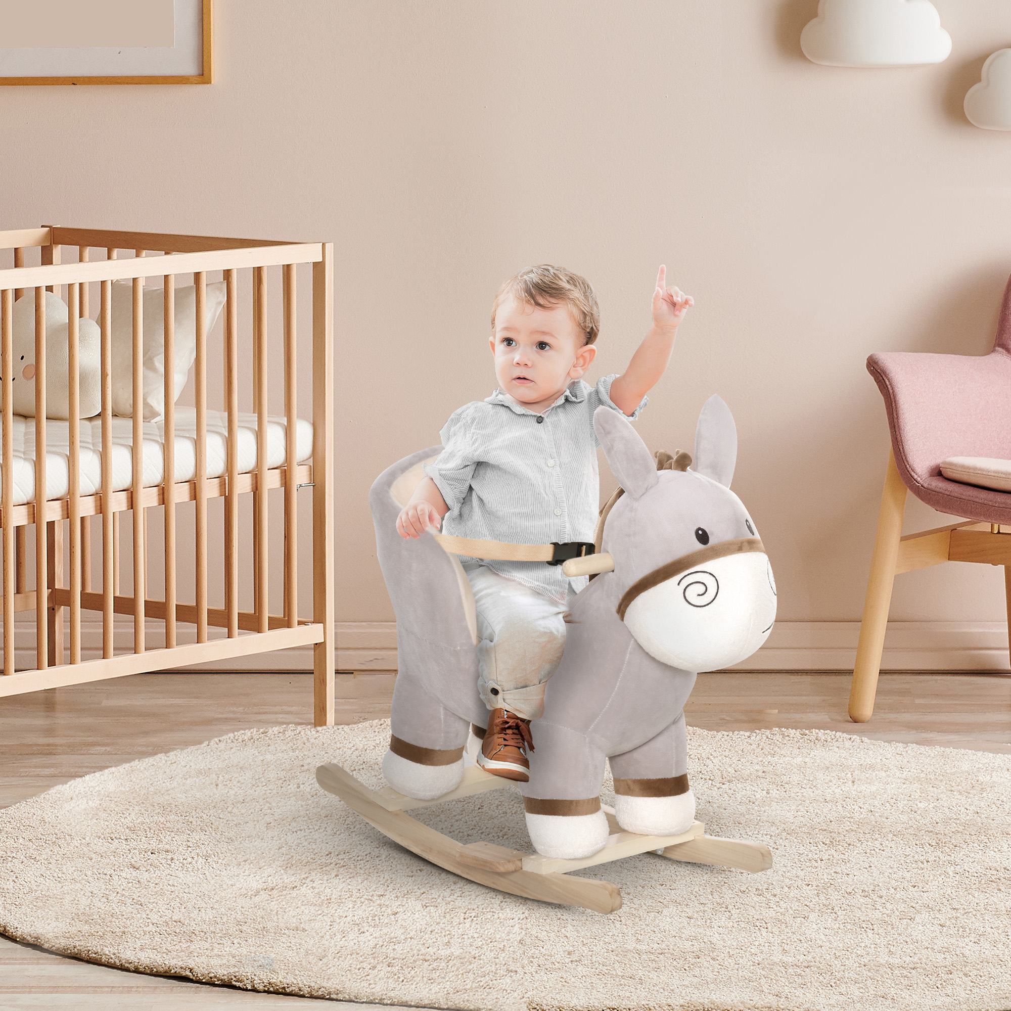 Kids Rocking Chair, Plush Ride On Rocking Horse Donkey with Sound, Wood Base Seat, Safety Belt, Baby Toddler Rocker Toy for 18 - 36 Months, Gray — image 7