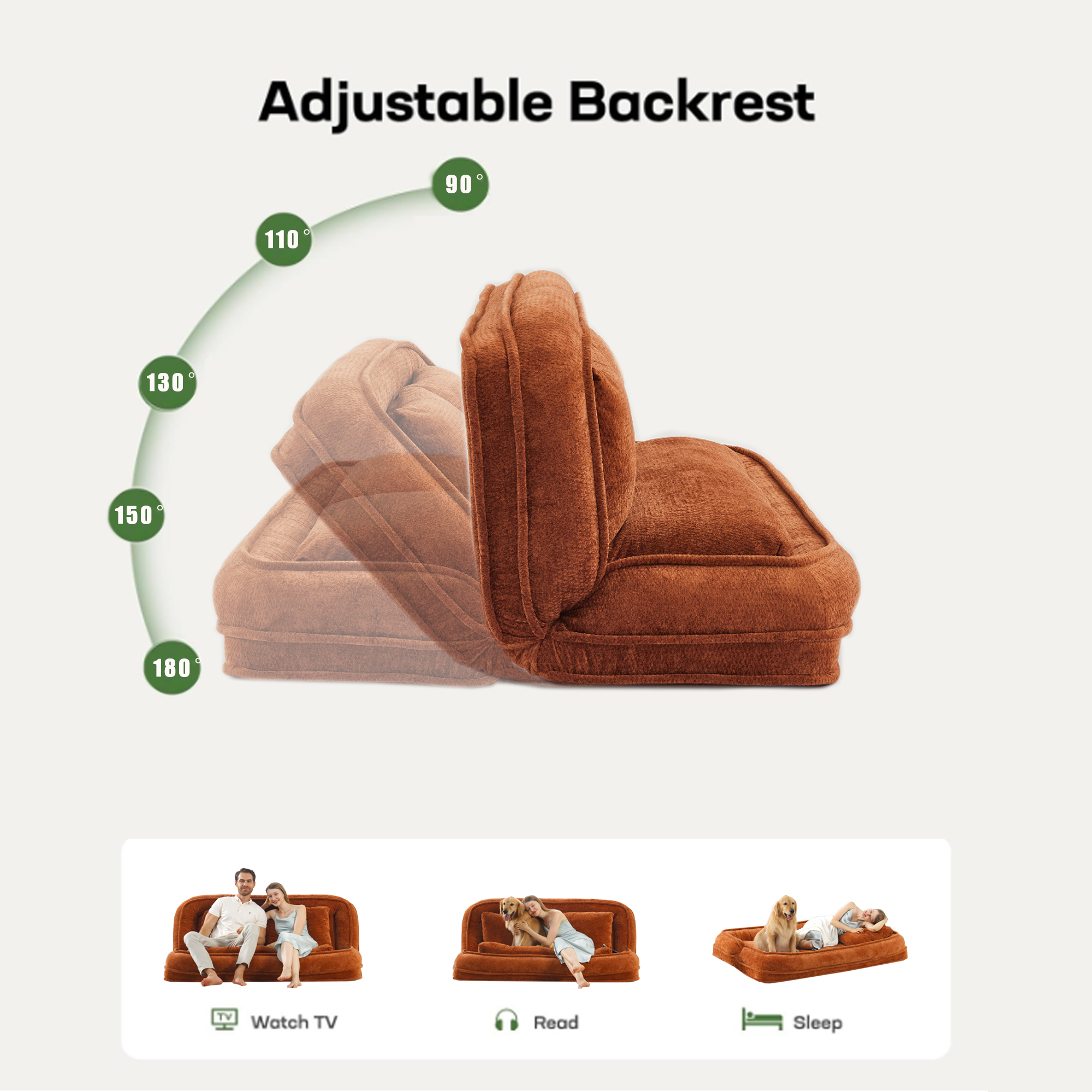 Silla de descanso doble para perros, Sofá relajante, Silla de amor, Adecuada para ti y tus mascotas, Couch de piso extra grande, Puedes sentarte o acostarte, 2 en 1, 5 posiciones ajustables, Almohada rellena, 2 asientos, Chenille naranja — imagen 12