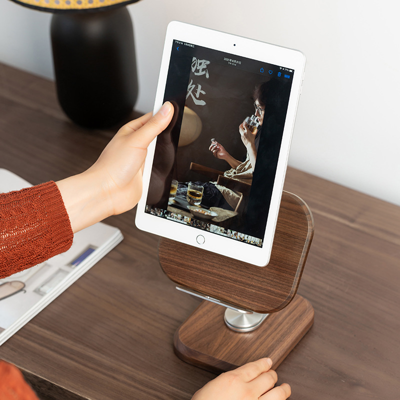 Walnut Wood Tablet Stand, Desktop Office Gaming Chicken Eating Adjustable Rotating Fixed Phone Stand, Wooden — image 3