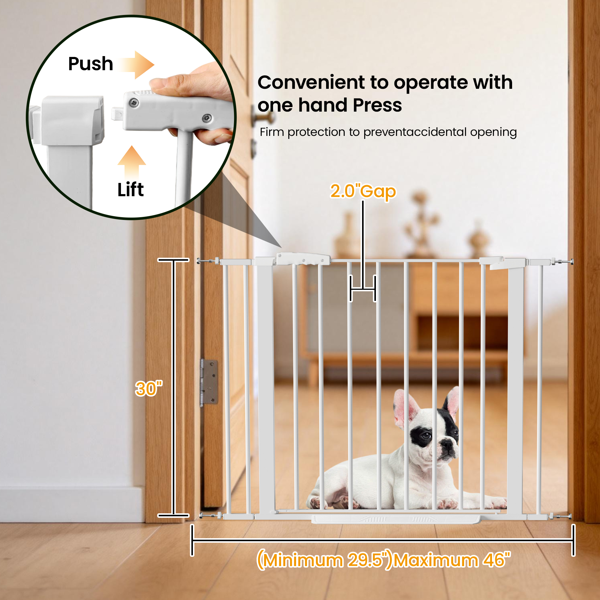 Reja para Mascotas de 29"-40.5" para Escaleras, 30" de Alto, Reja de Seguridad de Cierre Automático para Perros, Montaje a Presión, Fácil de Cruzar, Ideal para Puertas, Reja Resistente para Escaleras, 30" de Alto, Blanca — imagen 5
