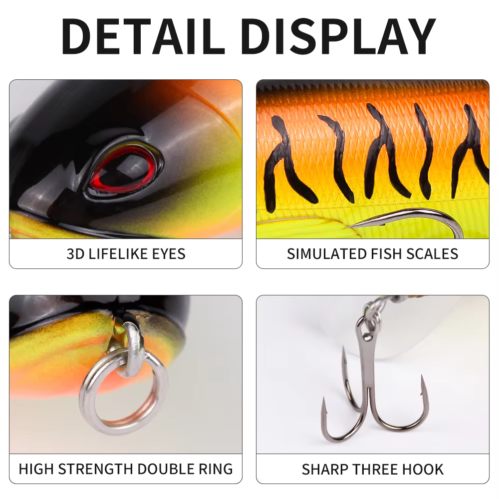 Set de 20pcs Señuelos de Pesca de Superficie 13g 35g, Cebos Popper con Ojos 3D, Cebos Duros de Plástico ABS para Lobina y Lucio — imagen 3
