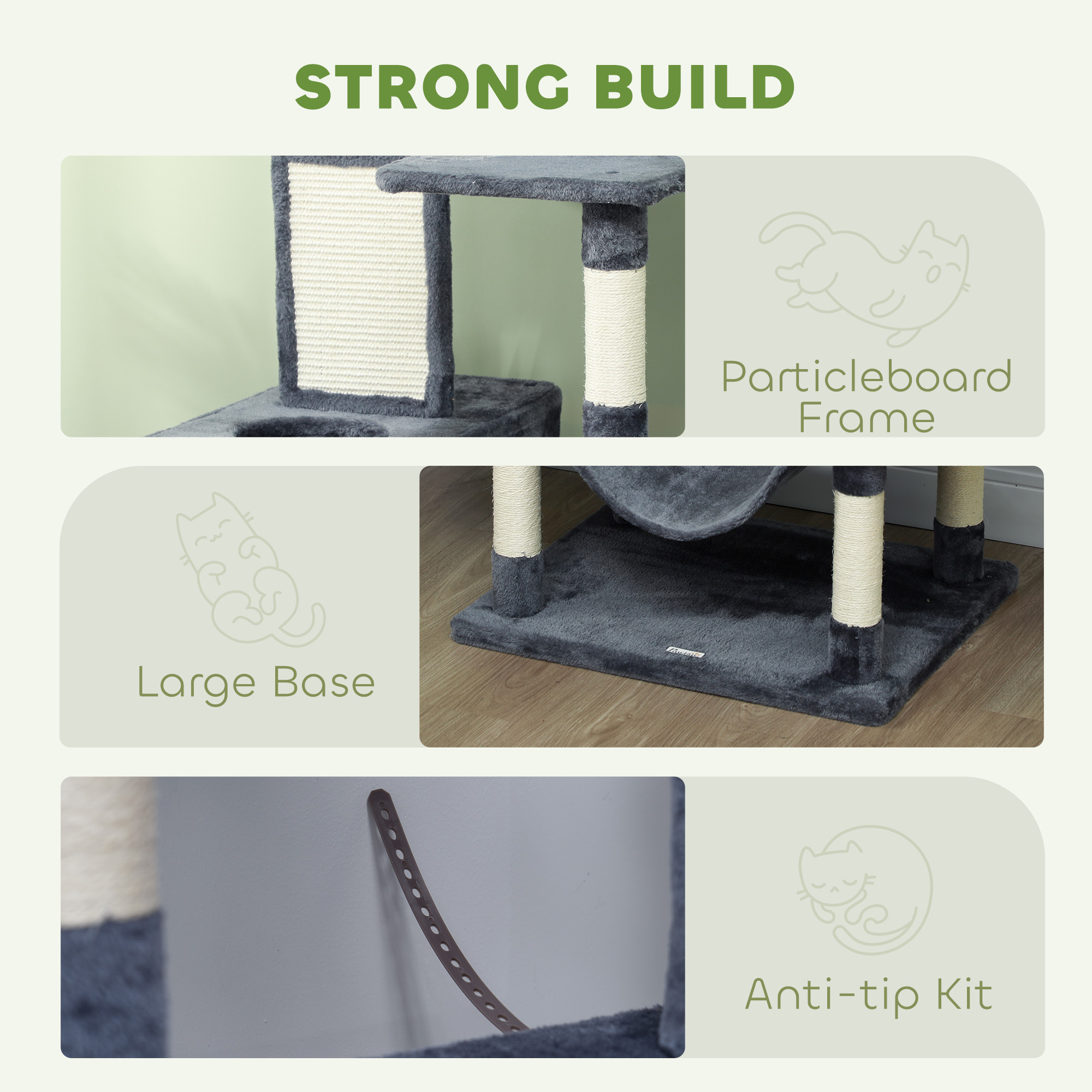 Rascador para Gatos de 81" con Postes Rascadores, Tabla Rascadora, Casitas, Camas, Hamacas, Pelotas de Juguete y Juguete de Cuerda, Gris — imagen 2