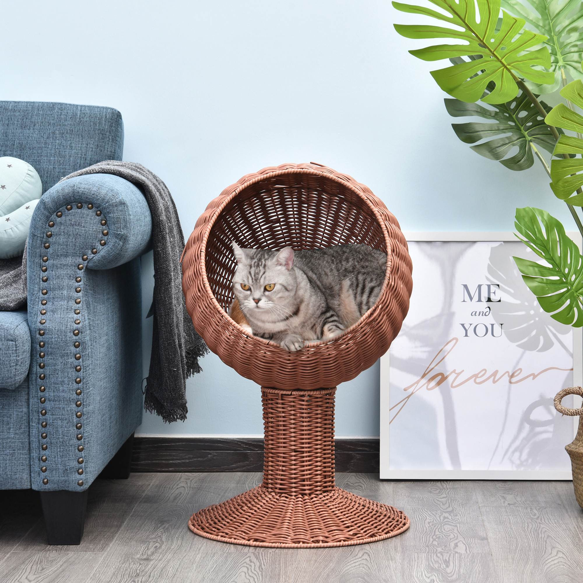 Cama para Gatos Elevada con Silla de Huevo Rotativa, Caja de Descanso con Manta Espesa y Casa de Juguete de Hierba Natural, Marrón — imagen 4