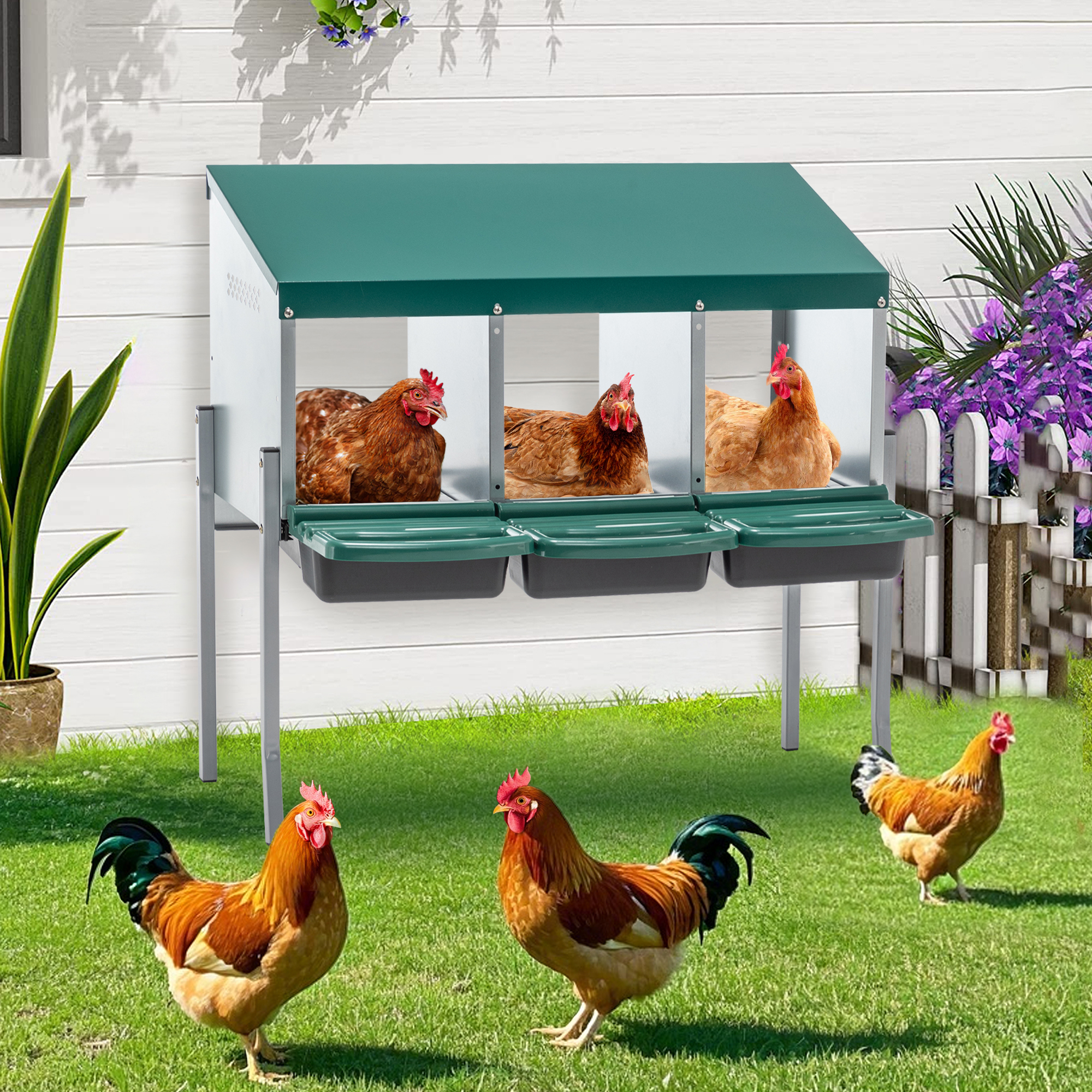 Cajas de Puesta para Pollos, 3 Hocicos Caja de Puesta con Patas, Cubierta de Tapadera para Gallinero Exterior Granja Campo, Verde Rreen — imagen 1