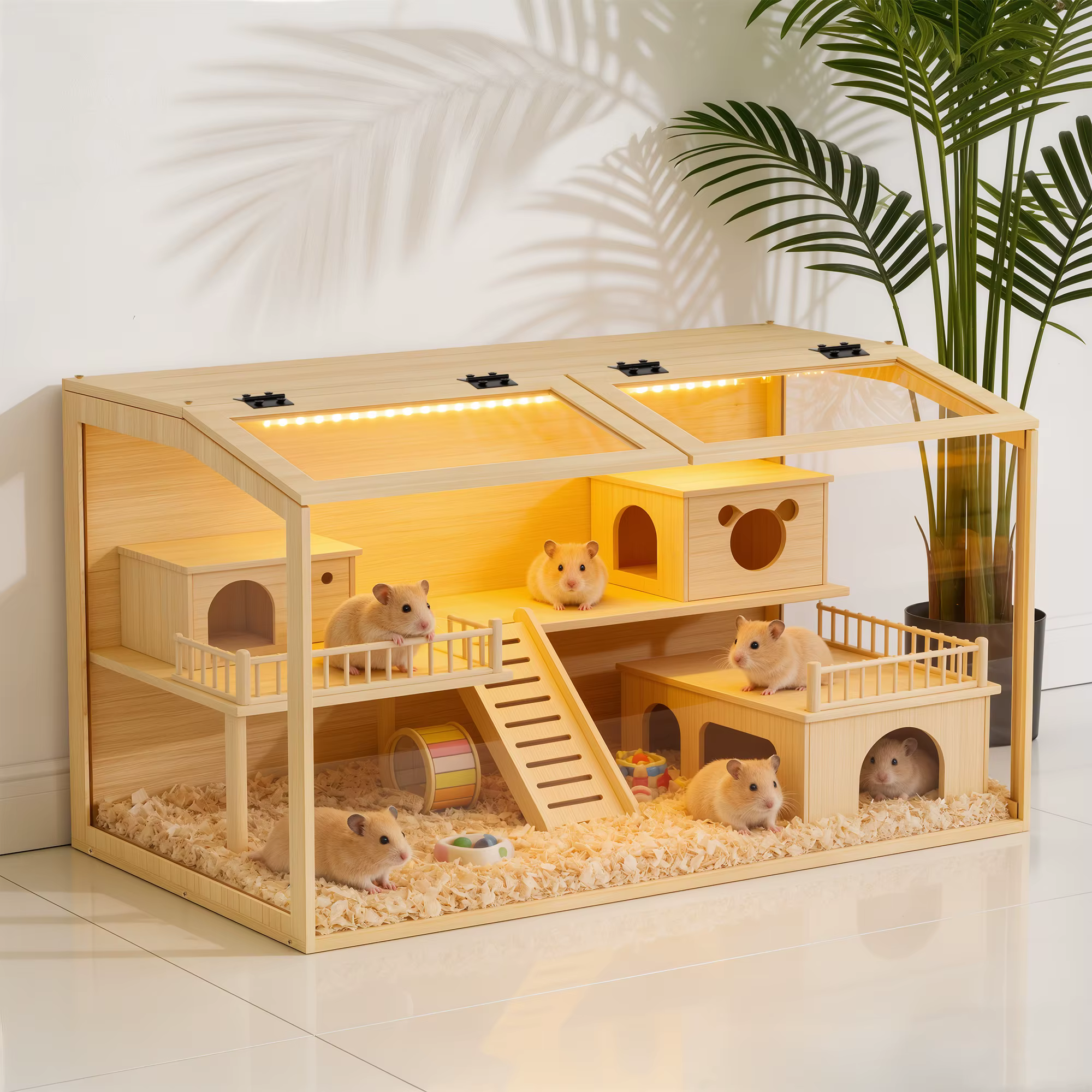 Large Wooden Hamster Cage Clear Tempered Glass Pet Small Animal Habitat Cage Playful Hutch House Built-in LED Light — image 2