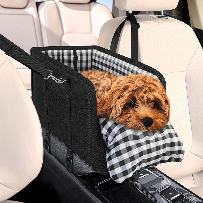 Car Mounted Pet Car Seat – Portable Small Dog Grid Seat with Soft Cushion & Seat Belt, Dog Car Accessories — image 3