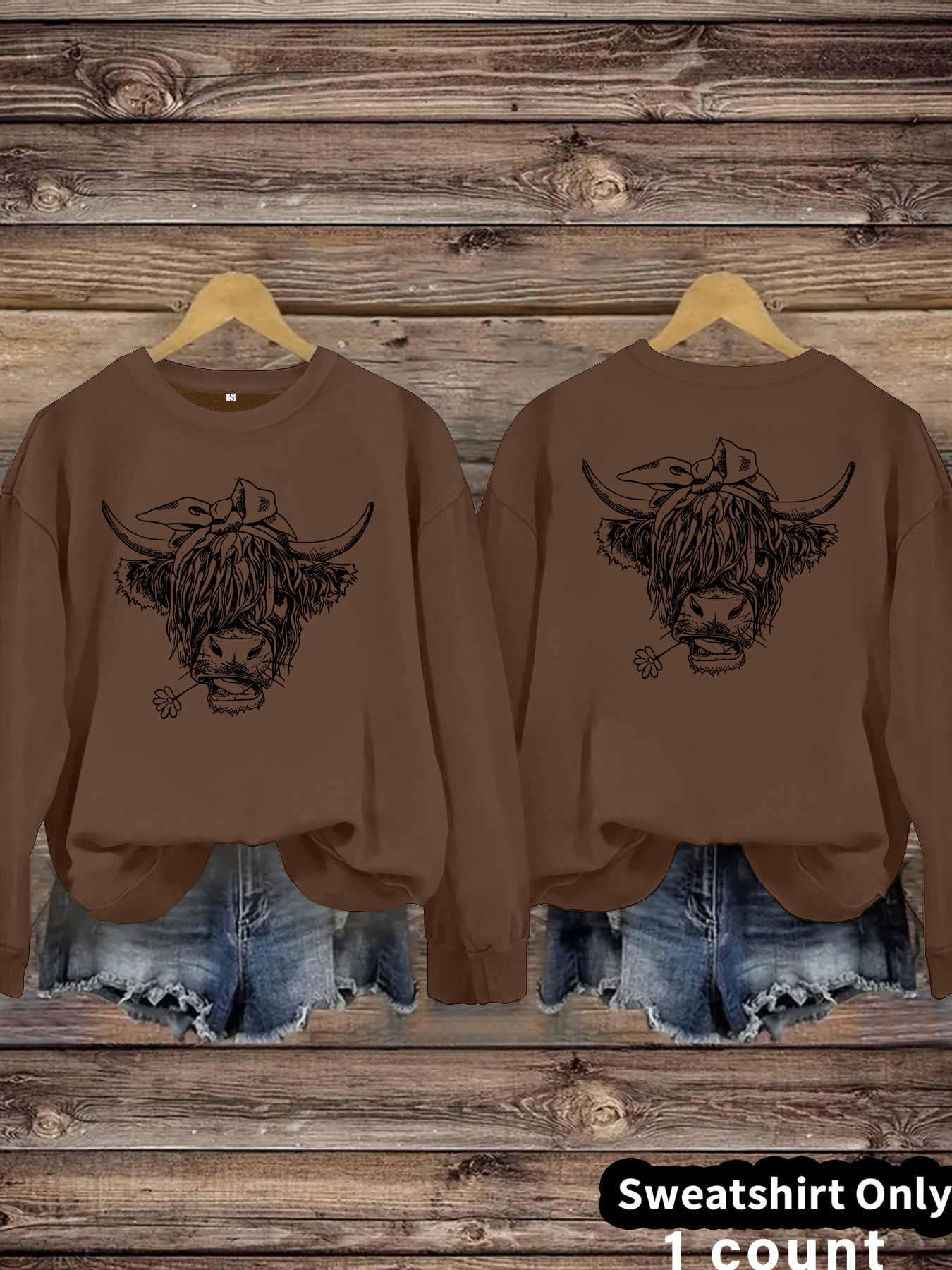 Cowboy Highland Cow Printed Loose Women's Velvet Hoodie — image 13