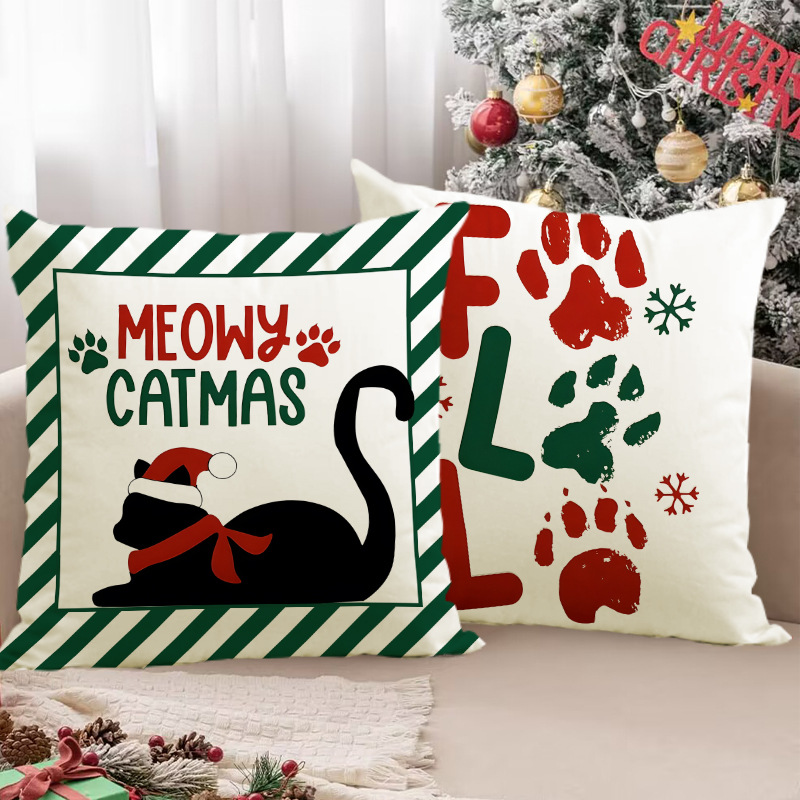 Christmas striped pillow cover linen black cat print pillowcase home holiday decoration cushion cover — image 4
