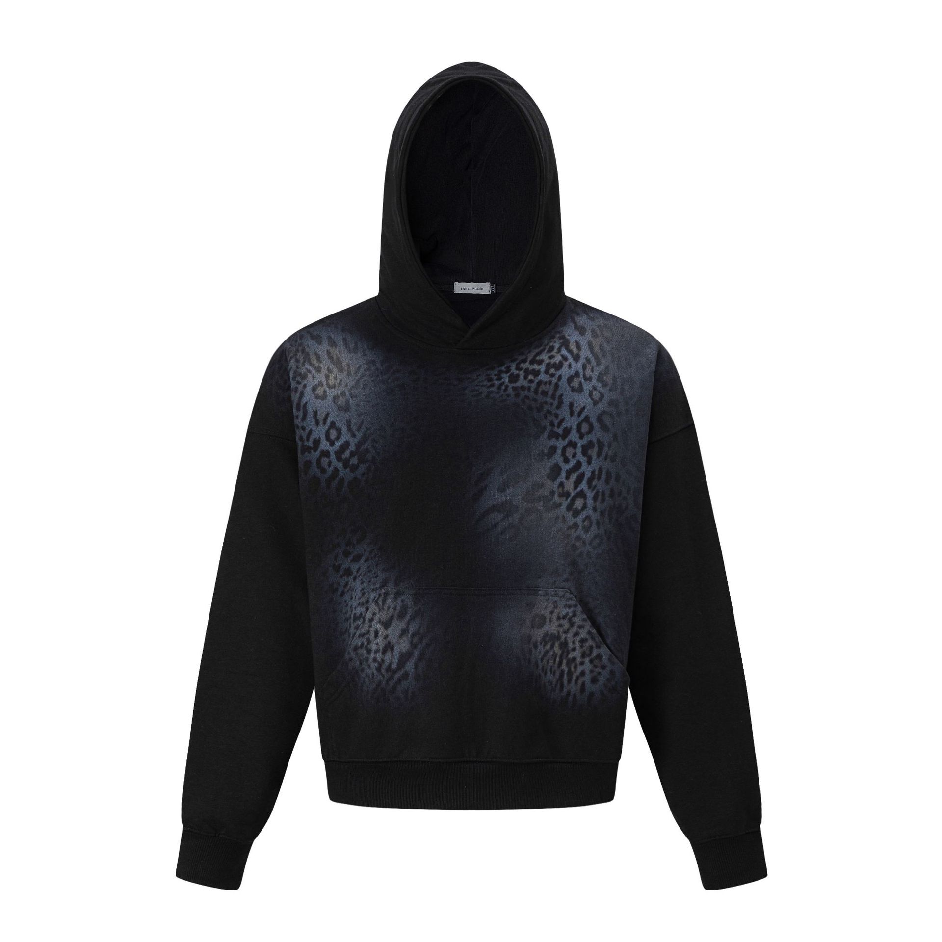 Leopard Print Hooded Pullover Sweatshirt, Gradient Washed Cropped Loose Drop Shoulder Top for Unisex — image 1