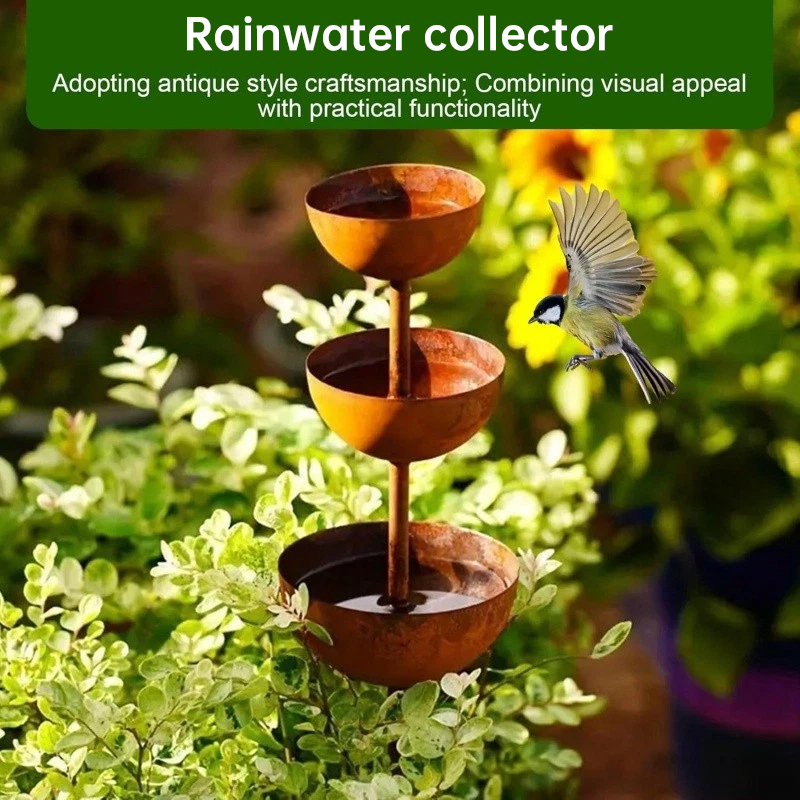 3-Tier Vintage Rustic Metal Bird Watering Station | 3-Tier Rusty Iron Garden Water Collector Feeder, Outdoor Garden Patio Decor — image 7