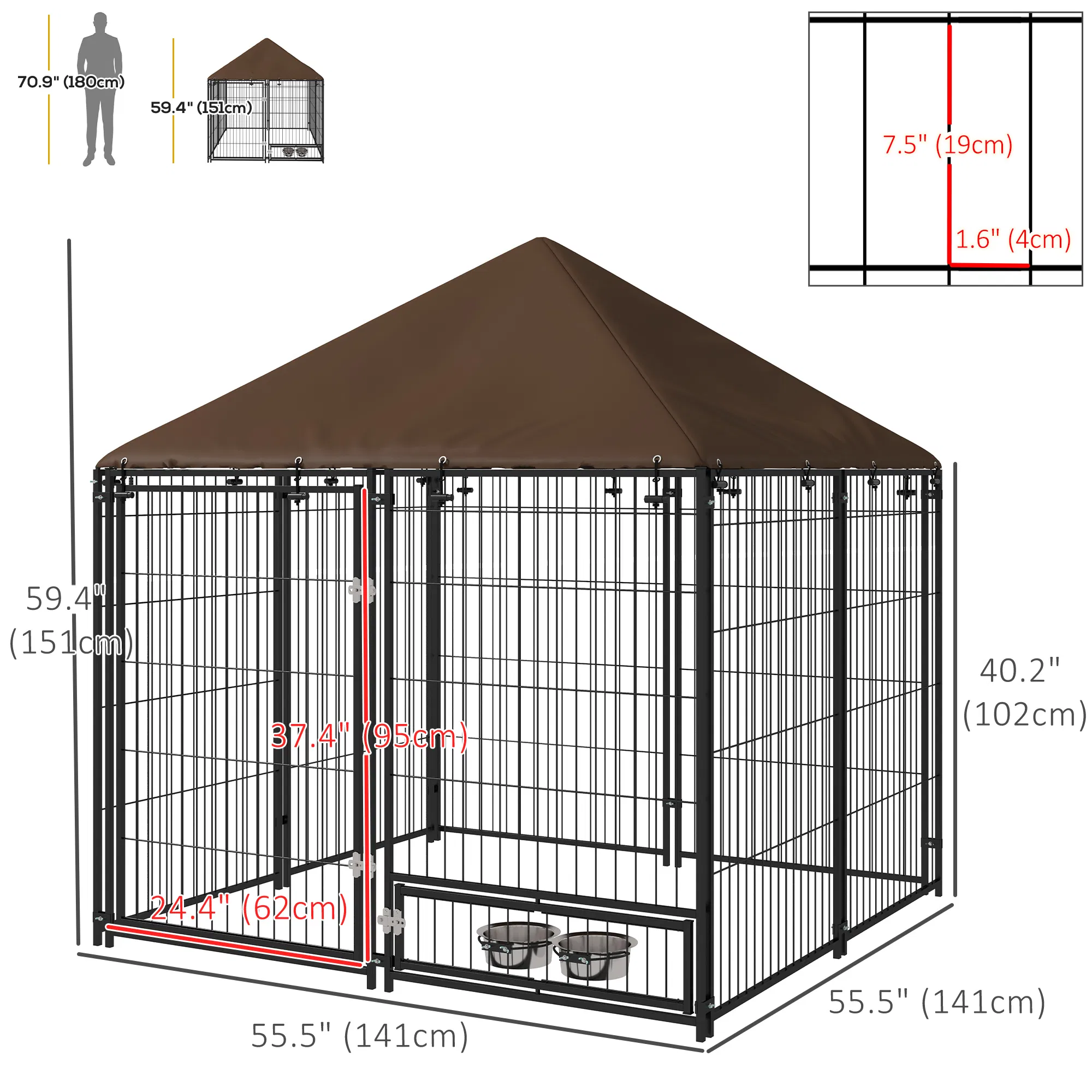 4.6' x 4.6' x 5' Outdoor Dog Kennel with Canopy, Rotating Bowls, Coffee — image 3