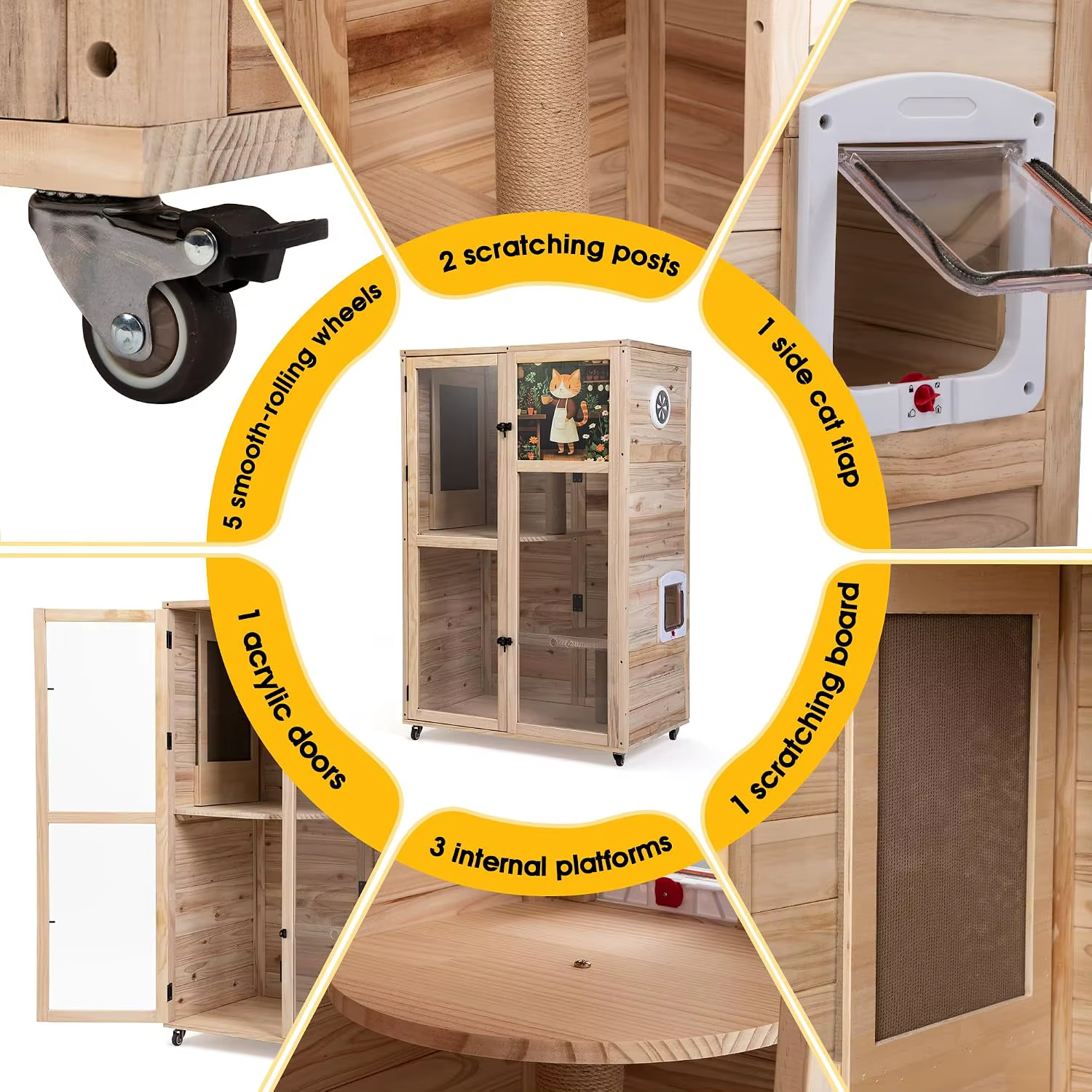 Large Wooden Cat House on Wheels, Indoor Cat Villa with Condo, Multi Platforms, Scratchers, Vent, Litter Box Area, Custom — image 4
