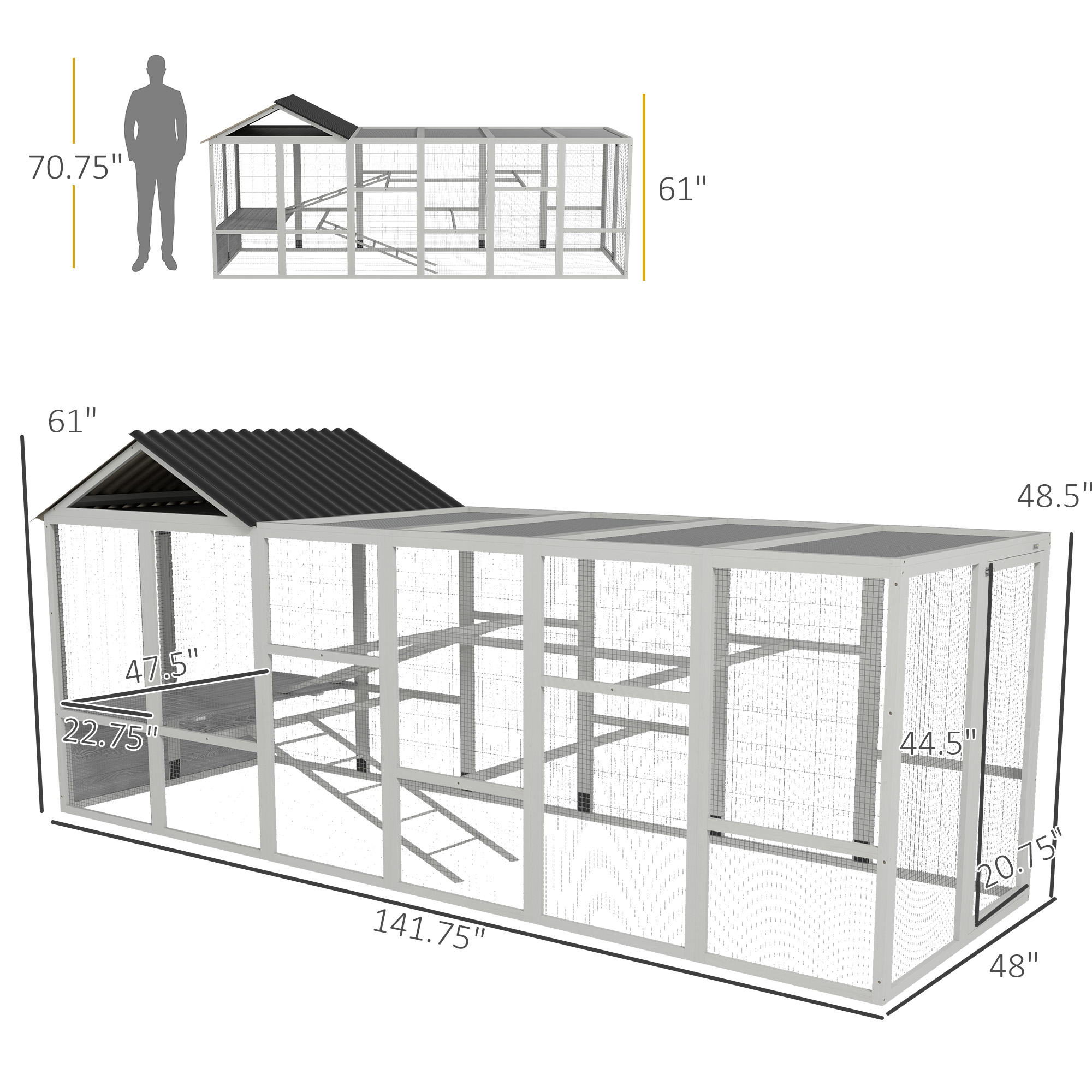 Wooden Chicken Coop Run for 6 - 10 Chickens, Hen House Add-On with Storage, Perches, 141.75" x 48" x 61", Gray — imagen 5