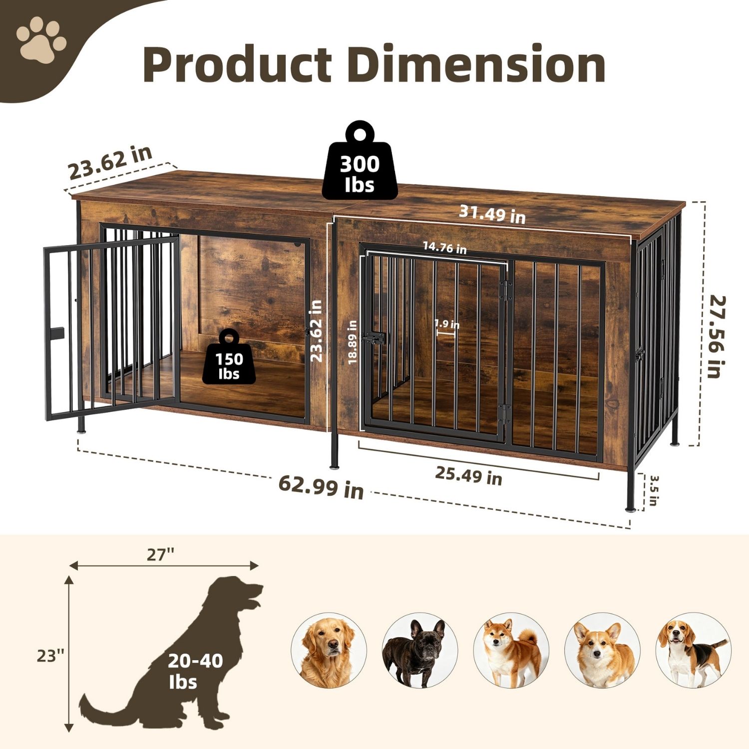 Double Dog Crate Furniture With Divider, Heavy Duty Pet Kennel End Table TV Stand, Extra Large Double Door — image 7