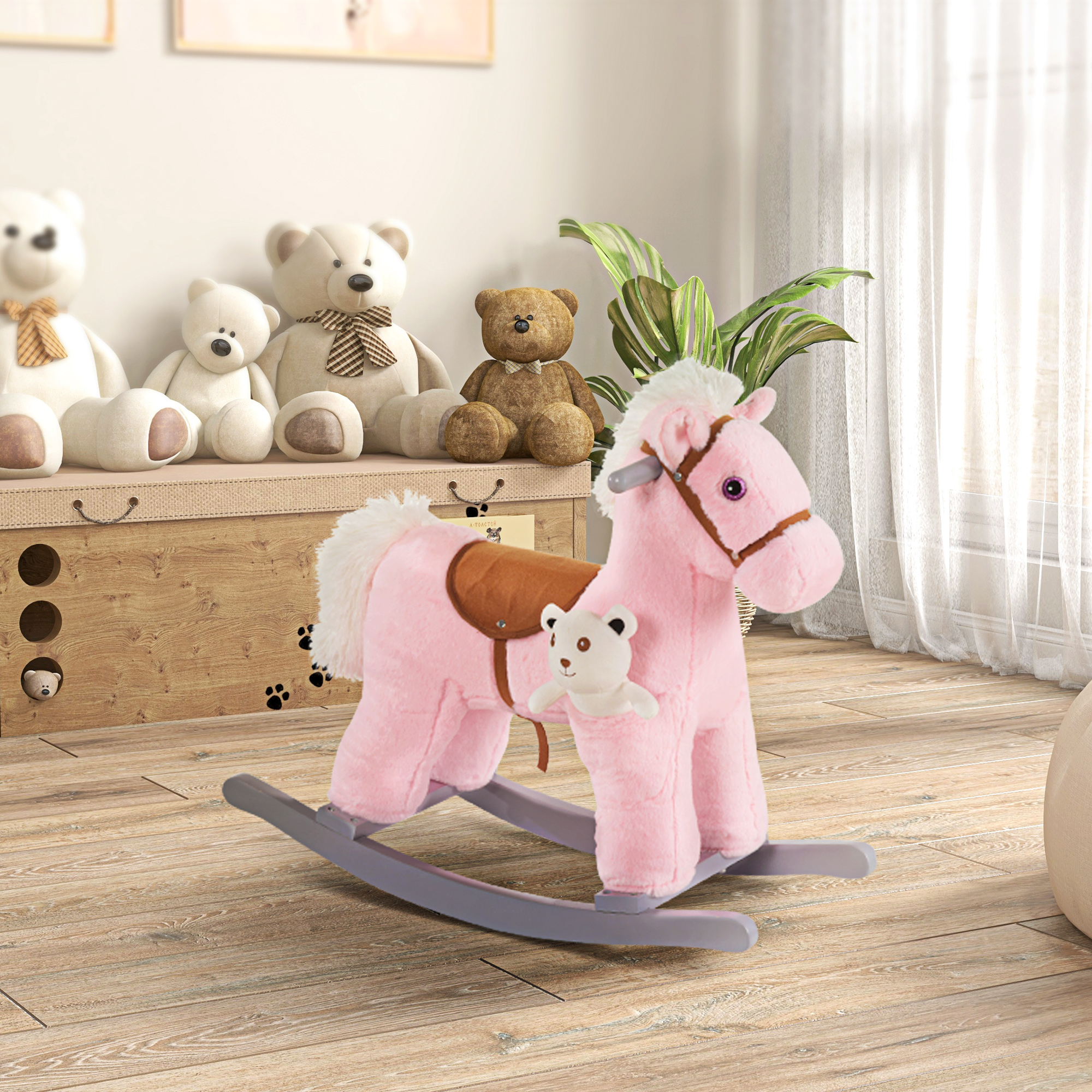 Caballo de Madera con Sonidos y Oso Plush para Niños, Juguetes de Equilibrio con Movimiento Realista para Bebés de 18-36 Meses, Rosa — imagen 1